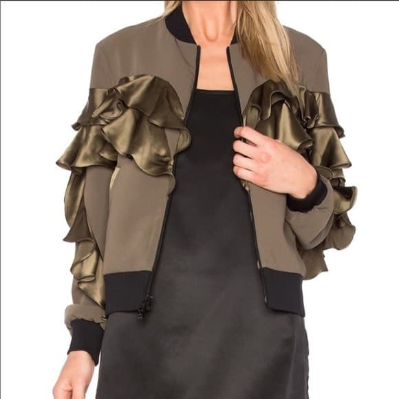 Cinq A Sept Leia Silk-Ruffle Bomber Jacket Zip-Up Pocket Olive Green Women's S - Thumbnail 6
