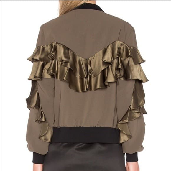 Cinq A Sept Leia Silk-Ruffle Bomber Jacket Zip-Up Pocket Olive Green Women's S - Thumbnail 7