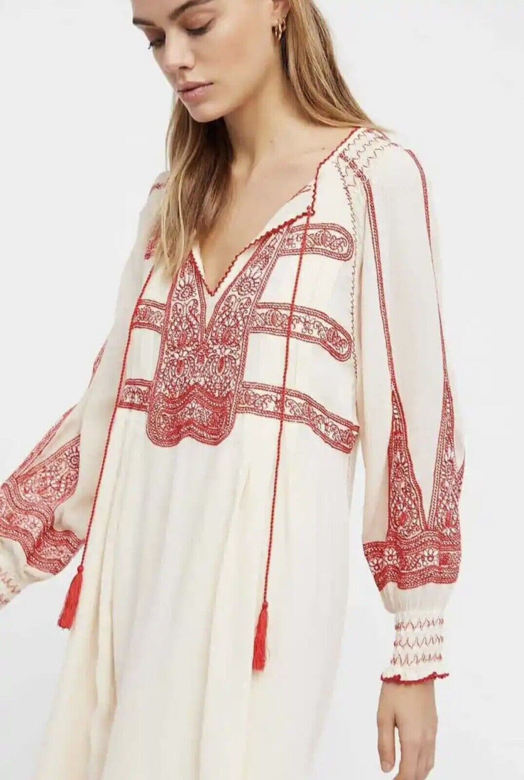Free People Wind Willow Boho Mini Tunic Dress Cottagecore Peasant Beige Womens S - Thumbnail 3