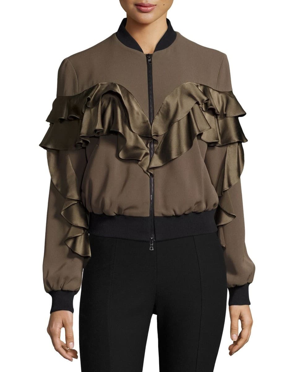 Cinq A Sept Leia Silk-Ruffle Bomber Jacket Zip-Up Pocket Olive Green Women's S - Thumbnail 2