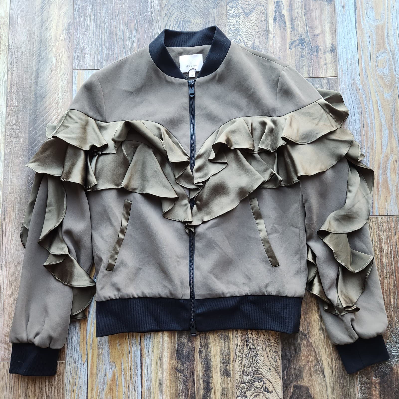 Cinq A Sept Leia Silk-Ruffle Bomber Jacket Zip-Up Pocket Olive Green Women's S - Thumbnail 3