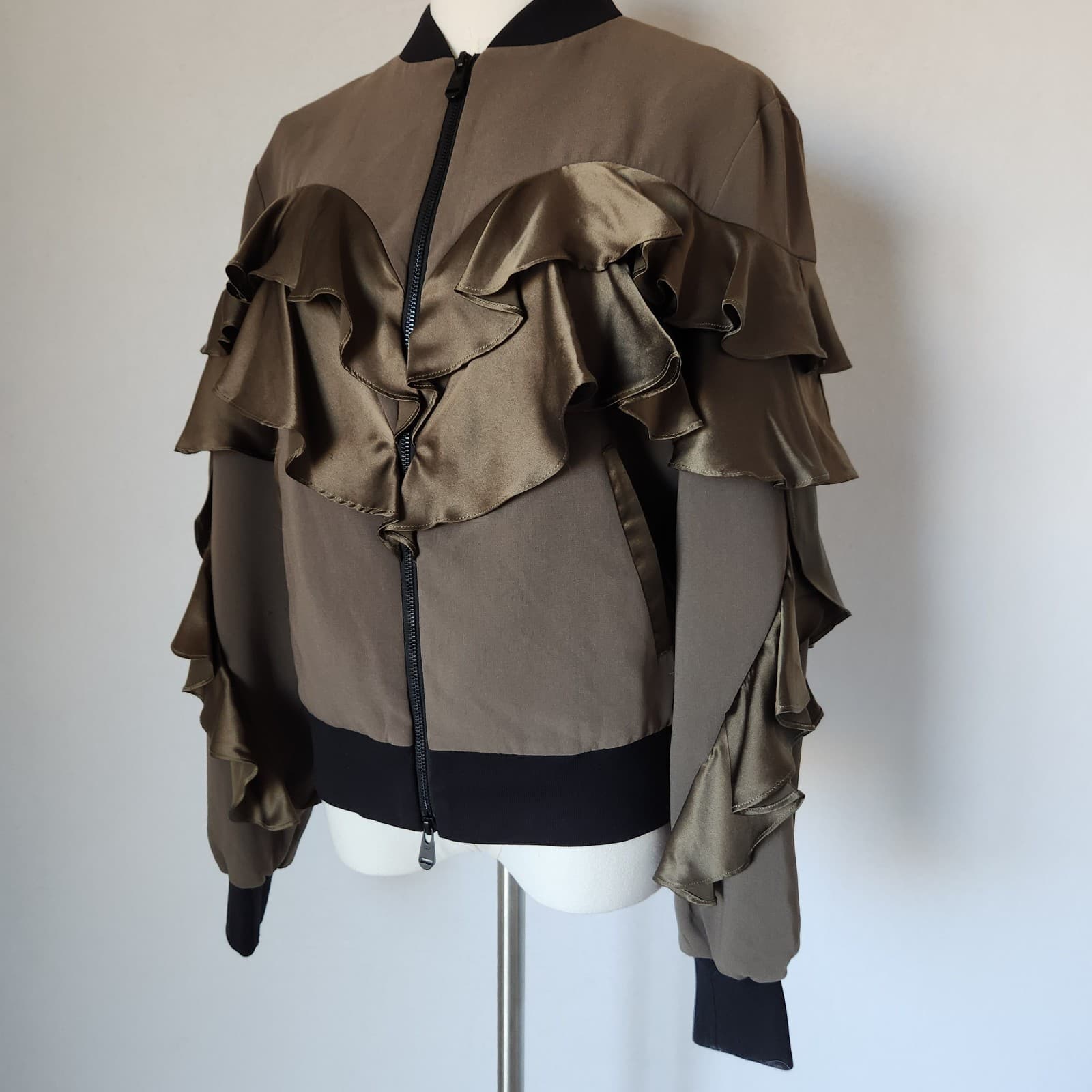 Cinq A Sept Leia Silk-Ruffle Bomber Jacket Zip-Up Pocket Olive Green Women's S - Thumbnail 5