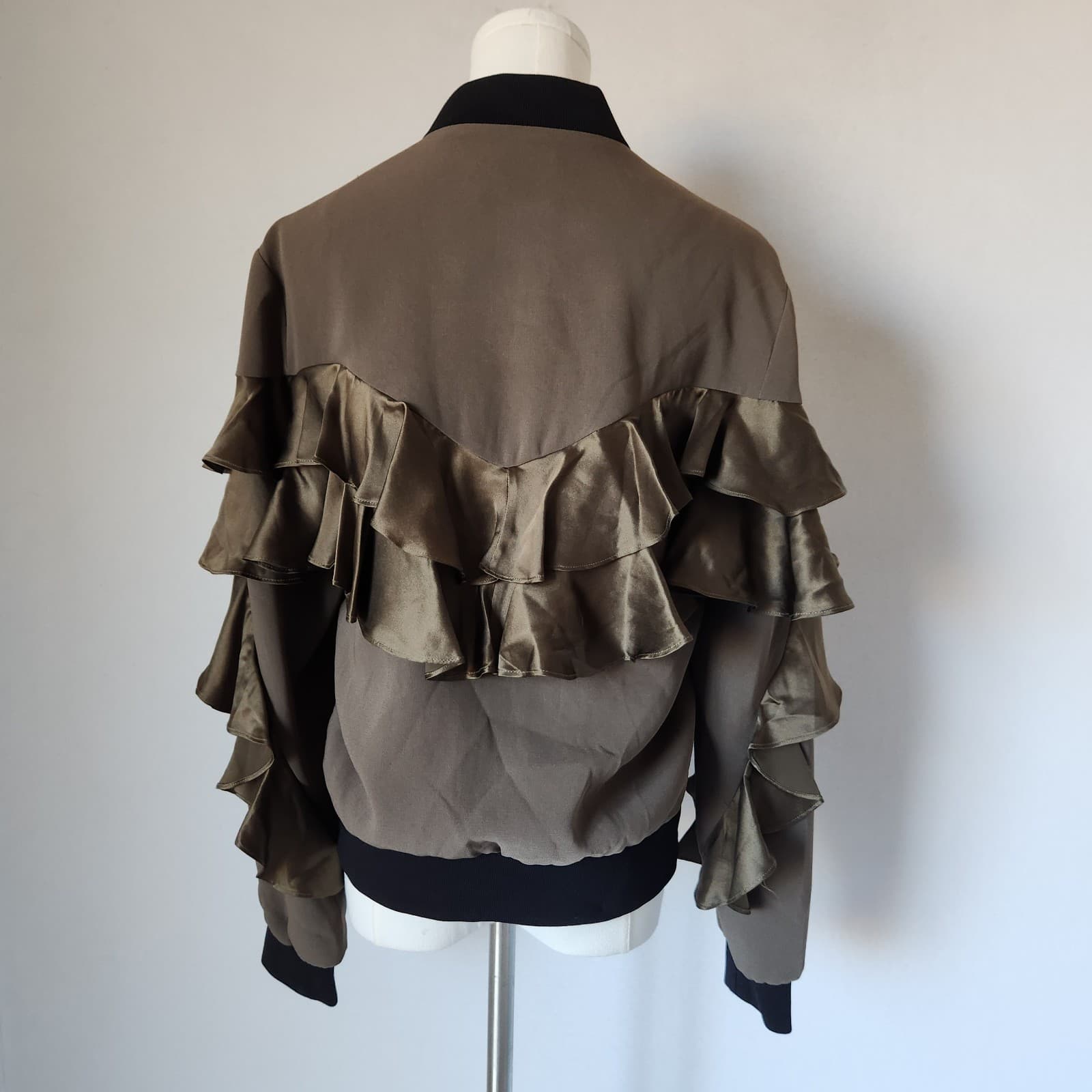 Cinq A Sept Leia Silk-Ruffle Bomber Jacket Zip-Up Pocket Olive Green Women's S - Thumbnail 8