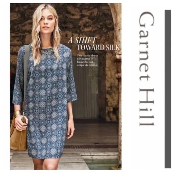 Garnet Hill 100% Silk Blue Medallion Tunic Shift Dress 3/4 Sleeve Lined Women 6 - Thumbnail 5