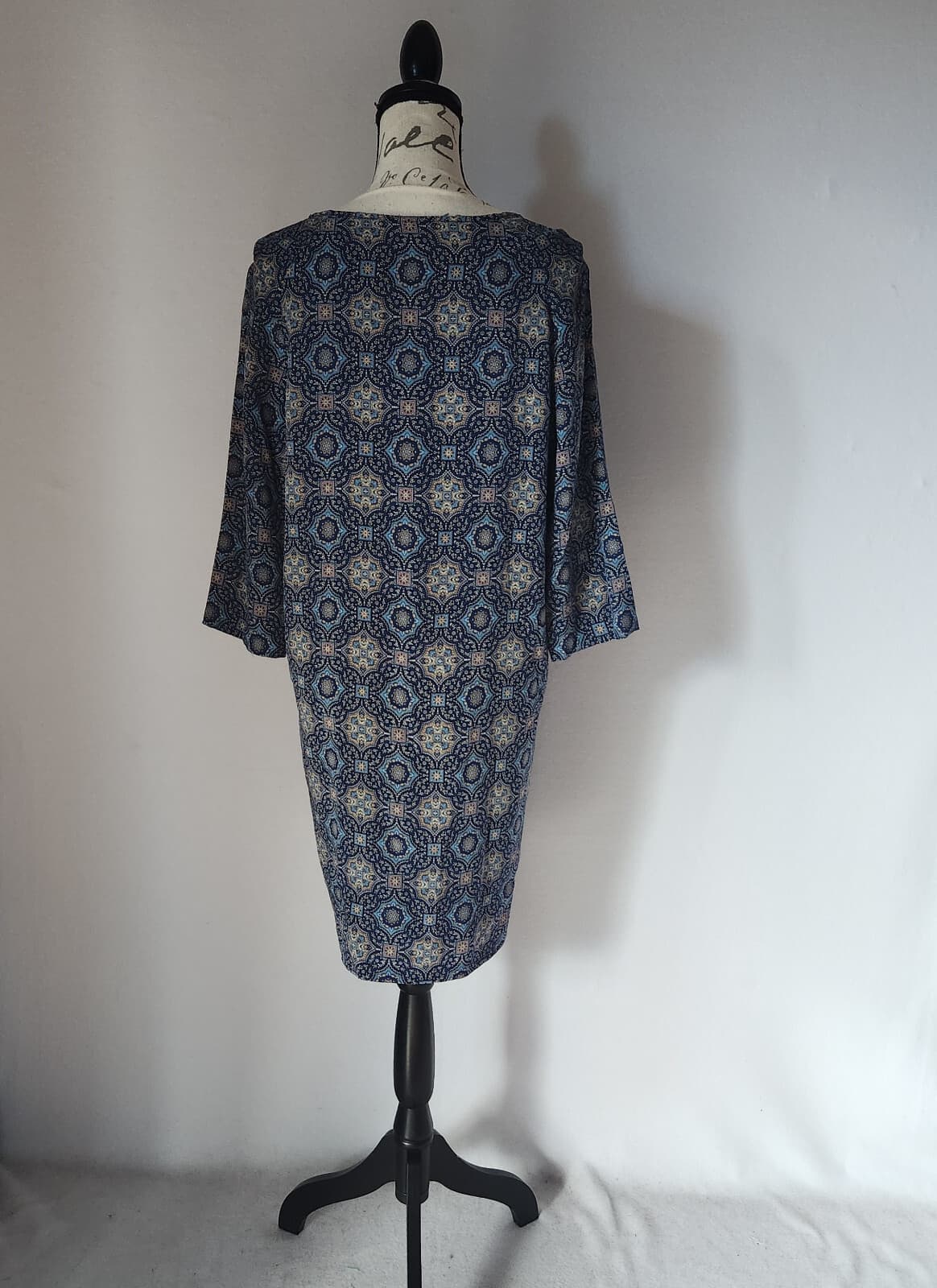 Garnet Hill 100% Silk Blue Medallion Tunic Shift Dress 3/4 Sleeve Lined Women 6 - Thumbnail 7