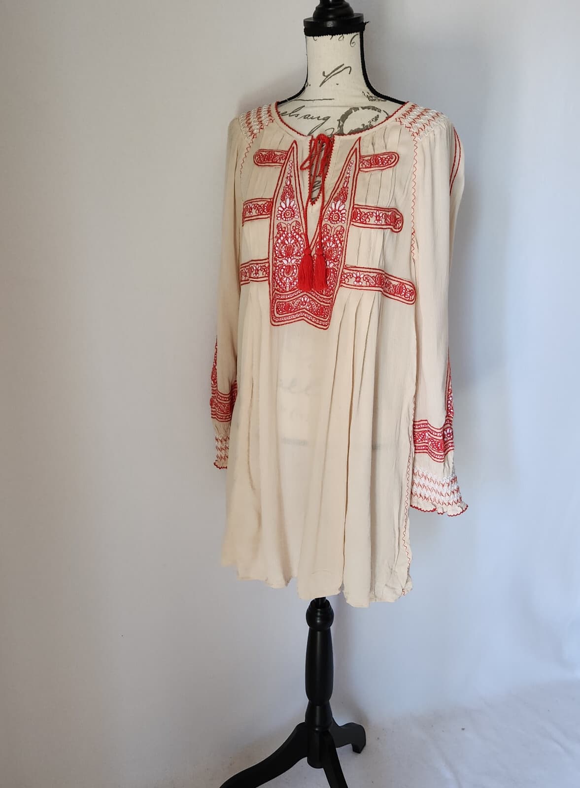 Free People Wind Willow Boho Mini Tunic Dress Cottagecore Peasant Beige Womens S - Thumbnail 2