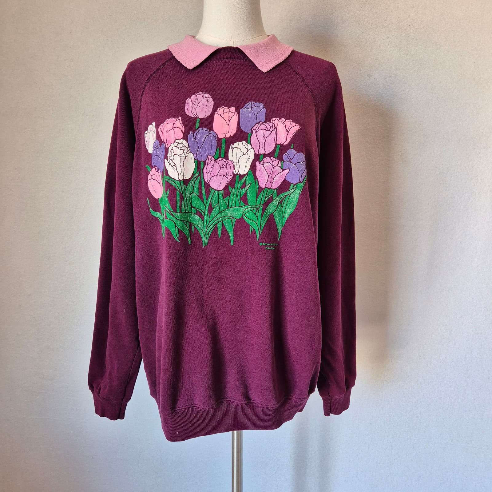 Vintage Morning Sun Floral USA Collar Neck Sweatshirt Fleece Lined Pink Red XL - Thumbnail 2