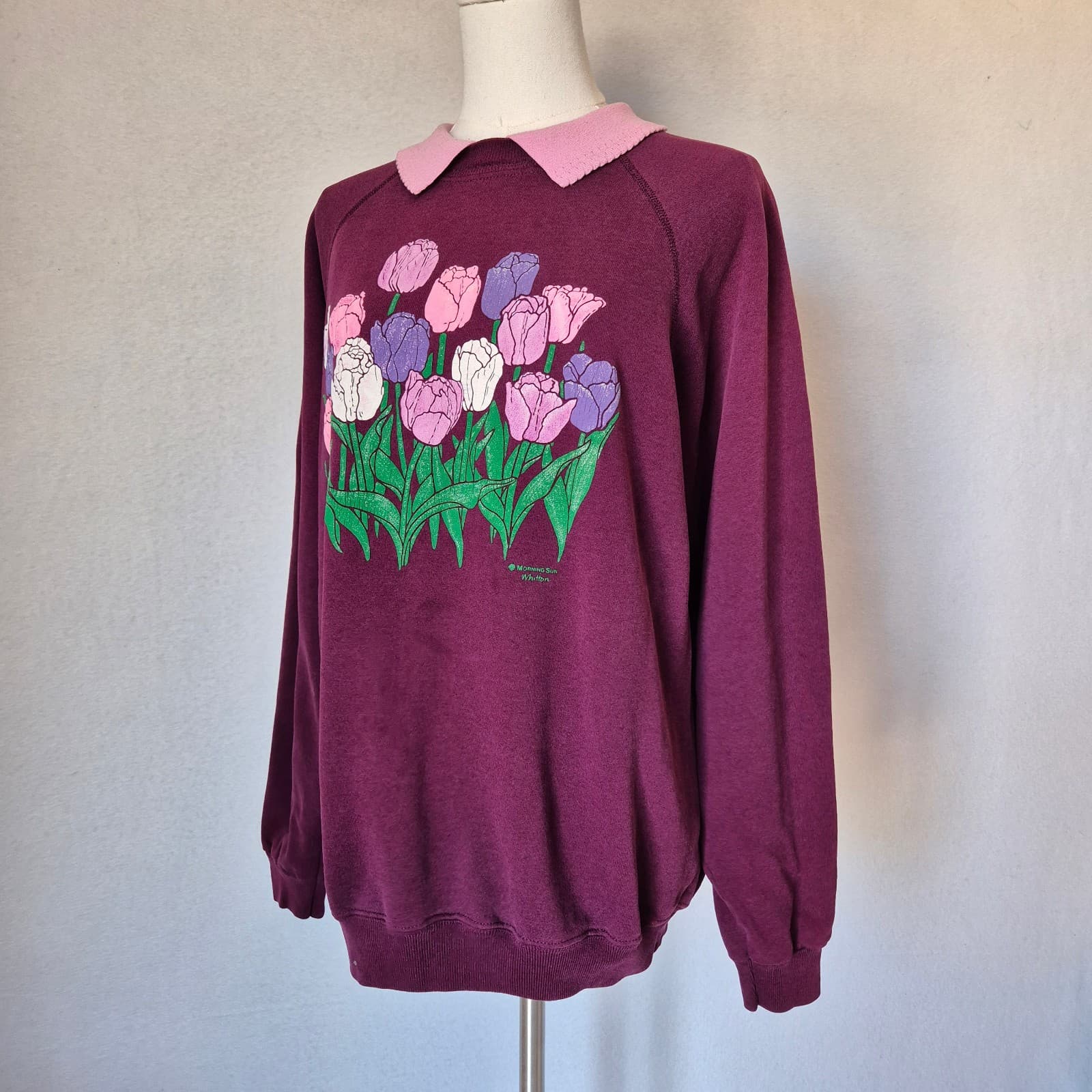 Vintage Morning Sun Floral USA Collar Neck Sweatshirt Fleece Lined Pink Red XL - Thumbnail 5