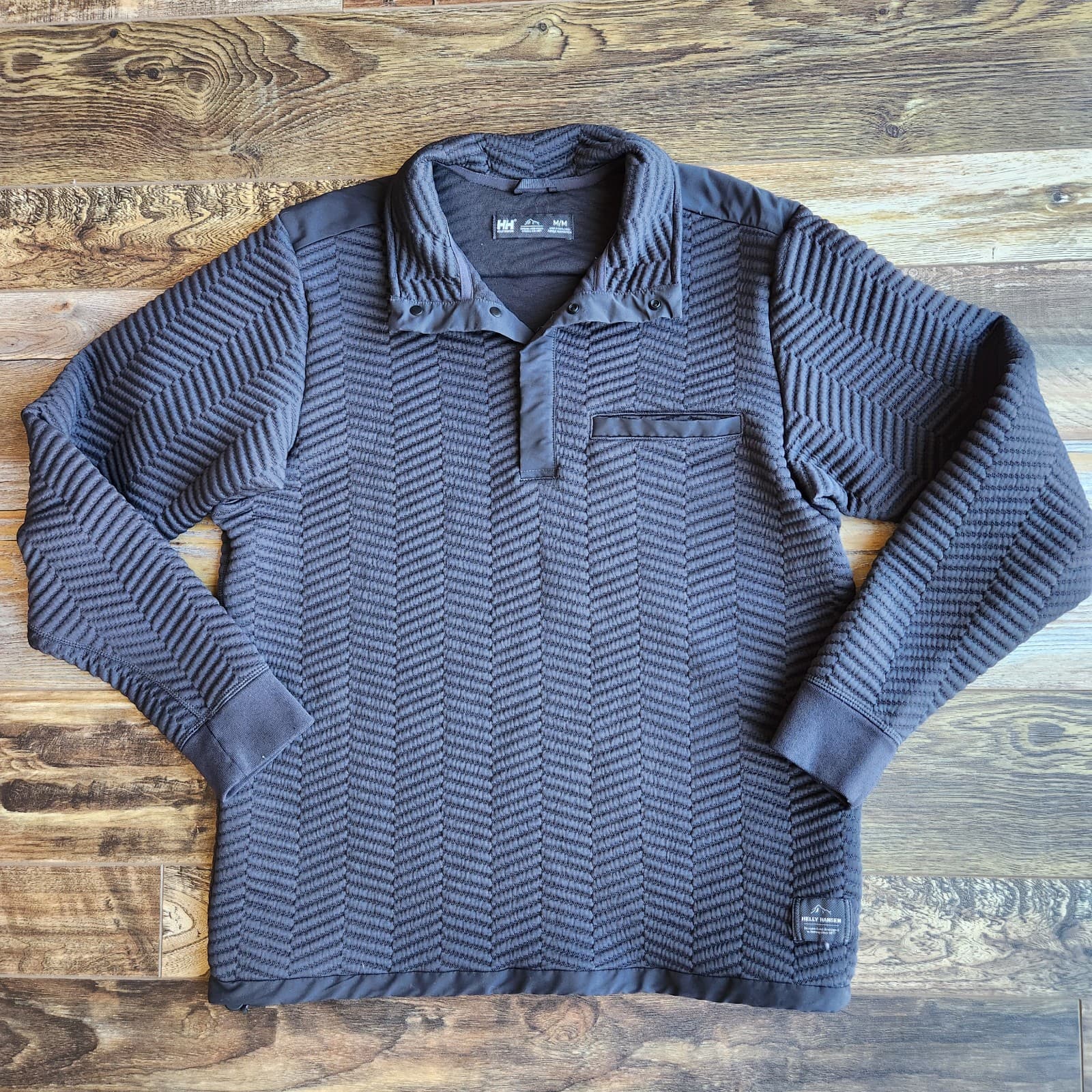 Helly Hansen Men's M Lillo Snap Sweater Pullover Chest-Pocket Quilted Knit Black - Thumbnail 3