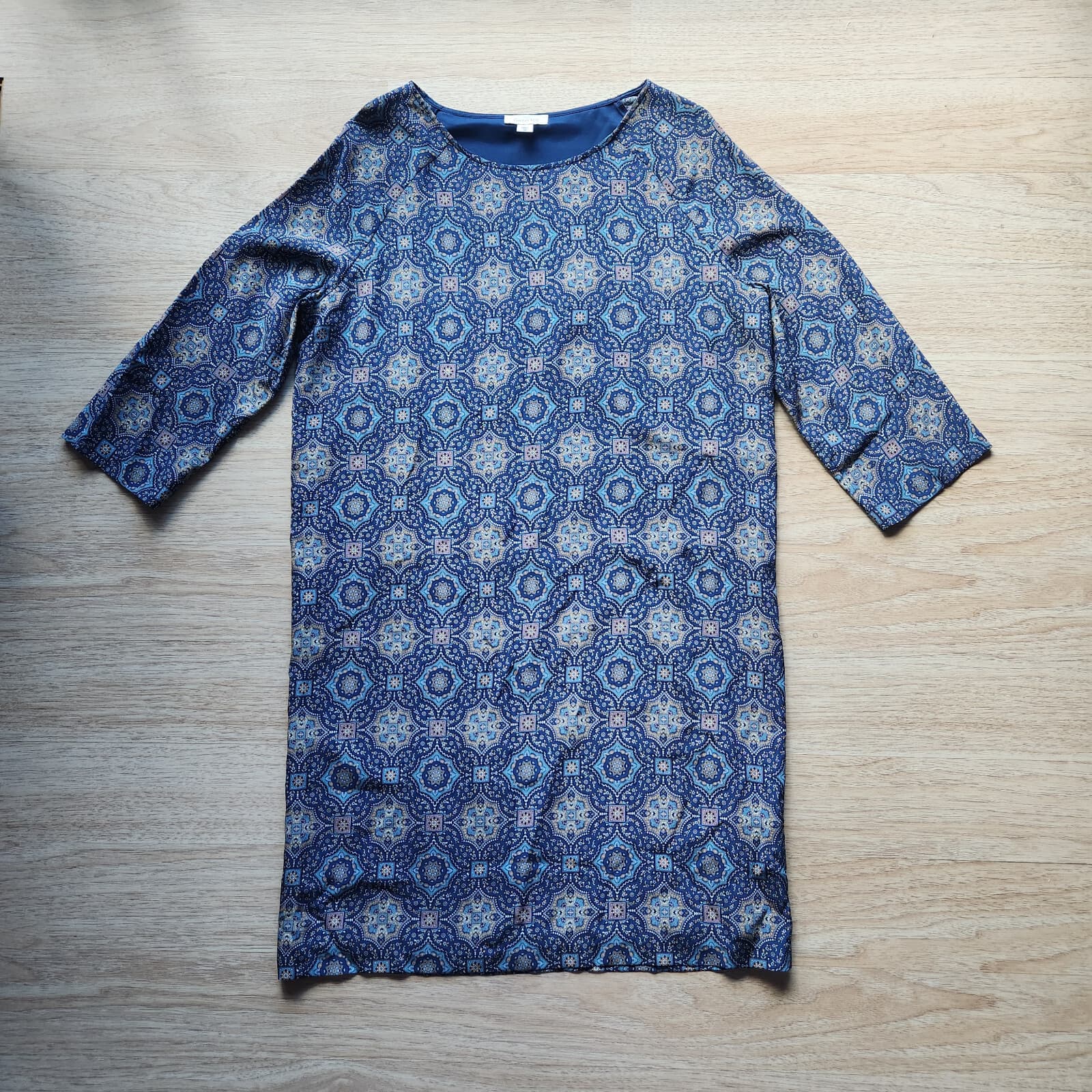 Garnet Hill 100% Silk Blue Medallion Tunic Shift Dress 3/4 Sleeve Lined Women 6 - Thumbnail 4