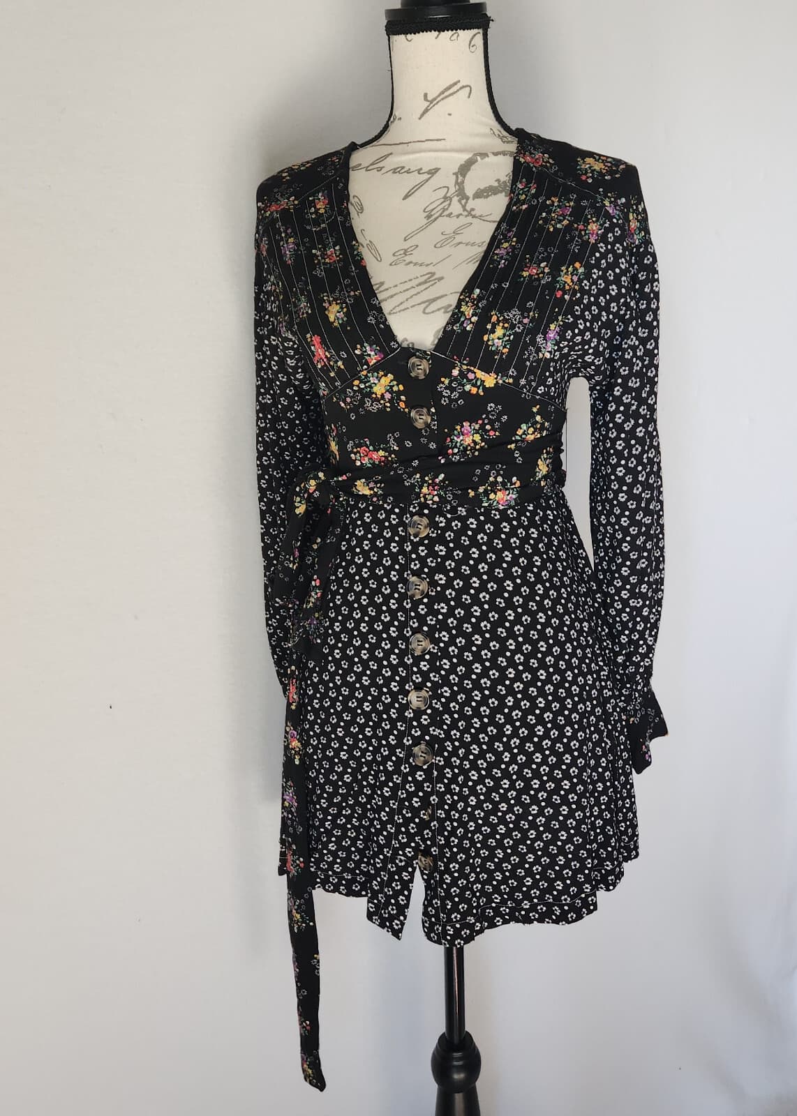 Free People Wonderland Floral A-Line Mini Dress Button Puff Sleeve Black Sz.S - Thumbnail 3