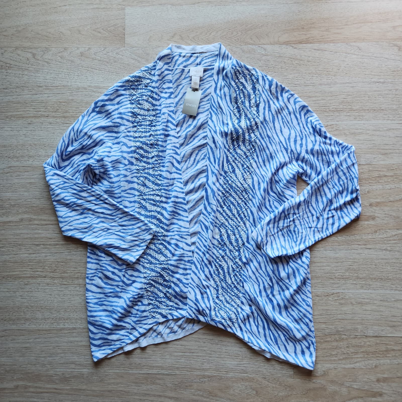 NWT Chico's Linen Blend Blue Zebra Delaney Open Cardigan Long Sleeve Size 3 (XL) - Thumbnail 5