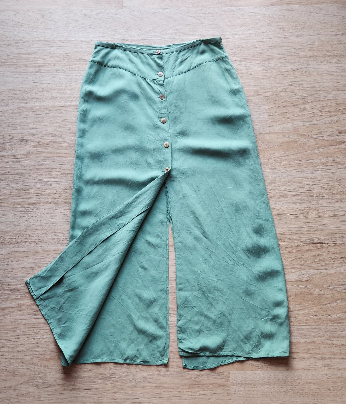 Citron Santa Monica Silk Linen Mother Pearl Button-Front A-Line Skirt Green Sz.S - Thumbnail 3