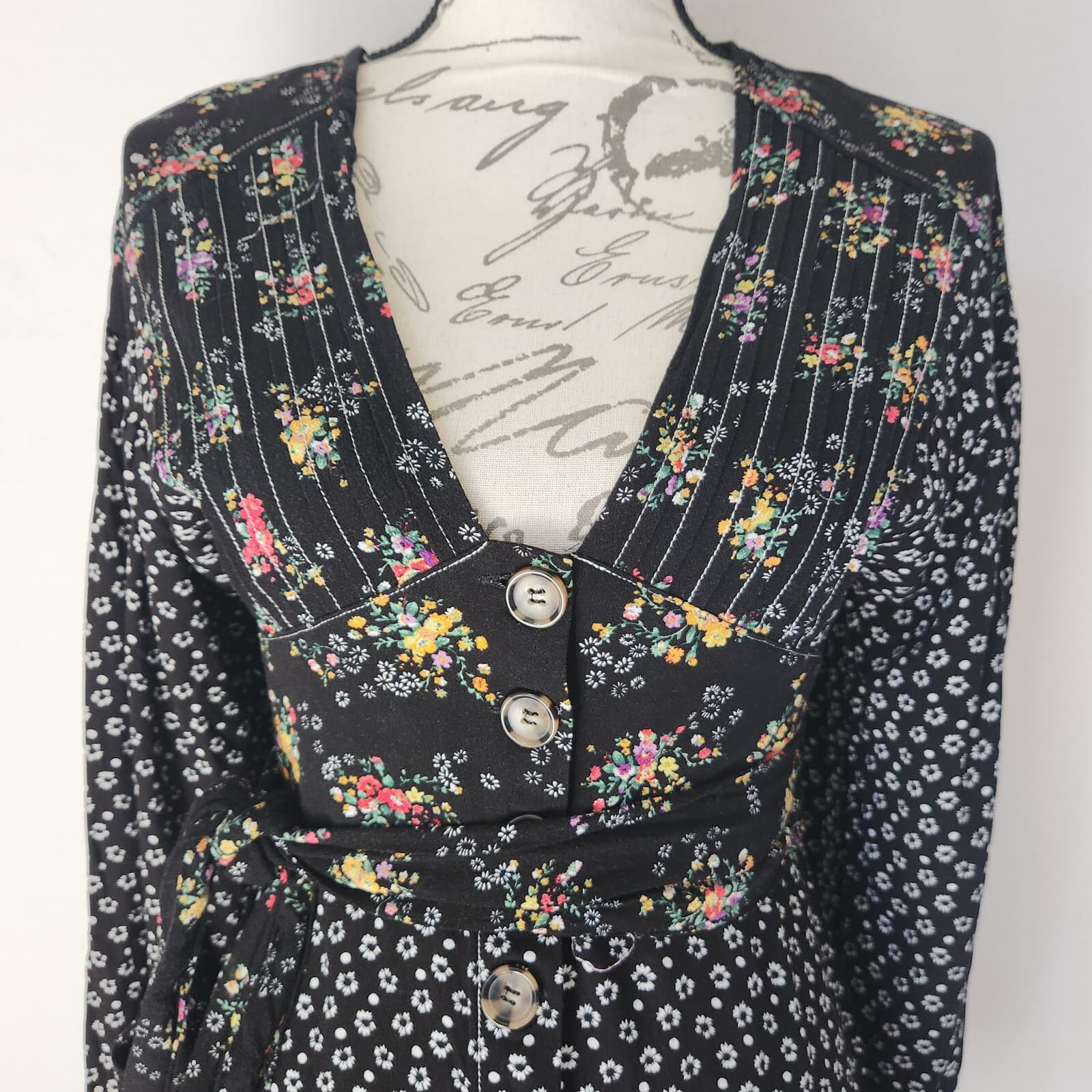 Free People Wonderland Floral A-Line Mini Dress Button Puff Sleeve Black Sz.S - Thumbnail 5