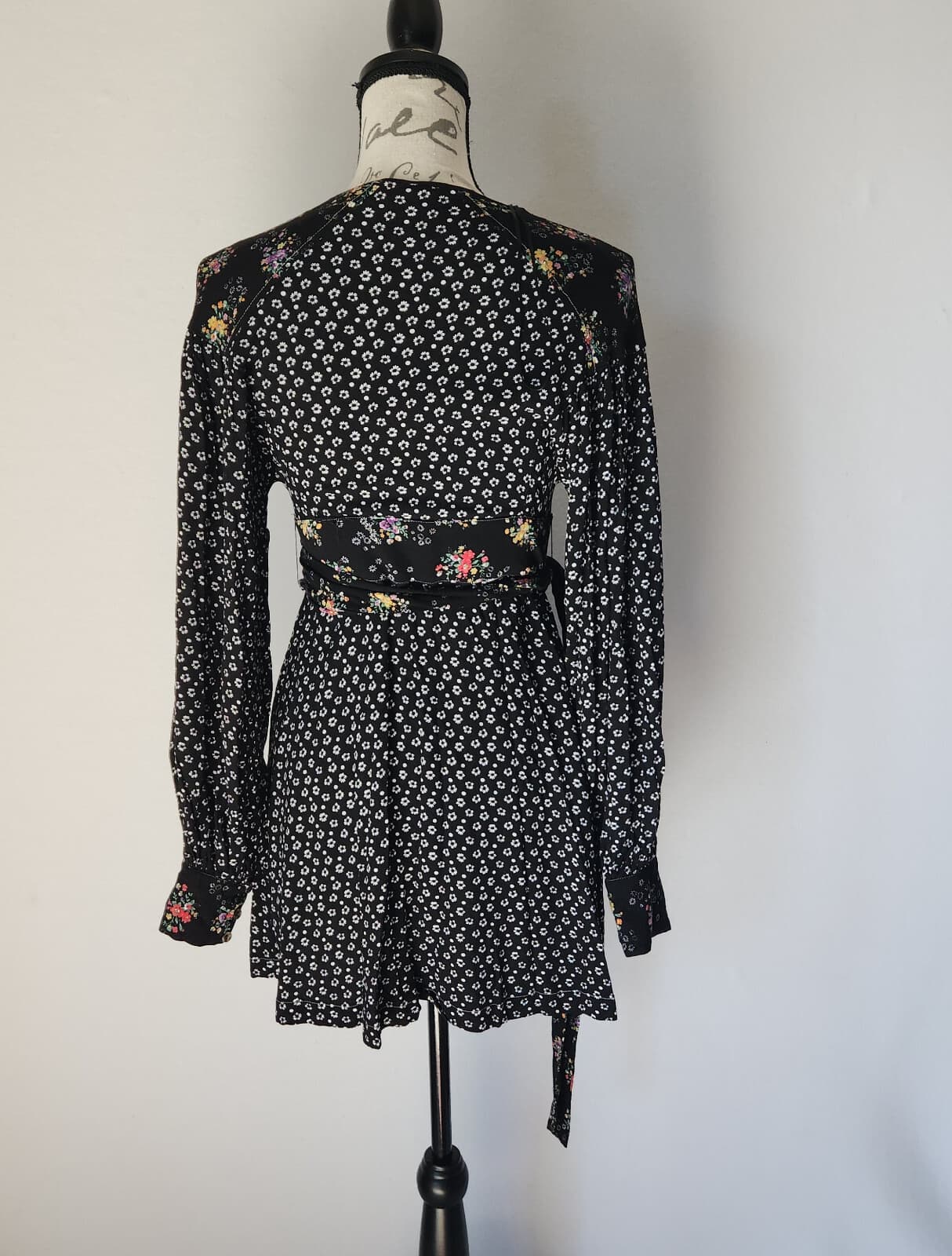 Free People Wonderland Floral A-Line Mini Dress Button Puff Sleeve Black Sz.S - Thumbnail 7