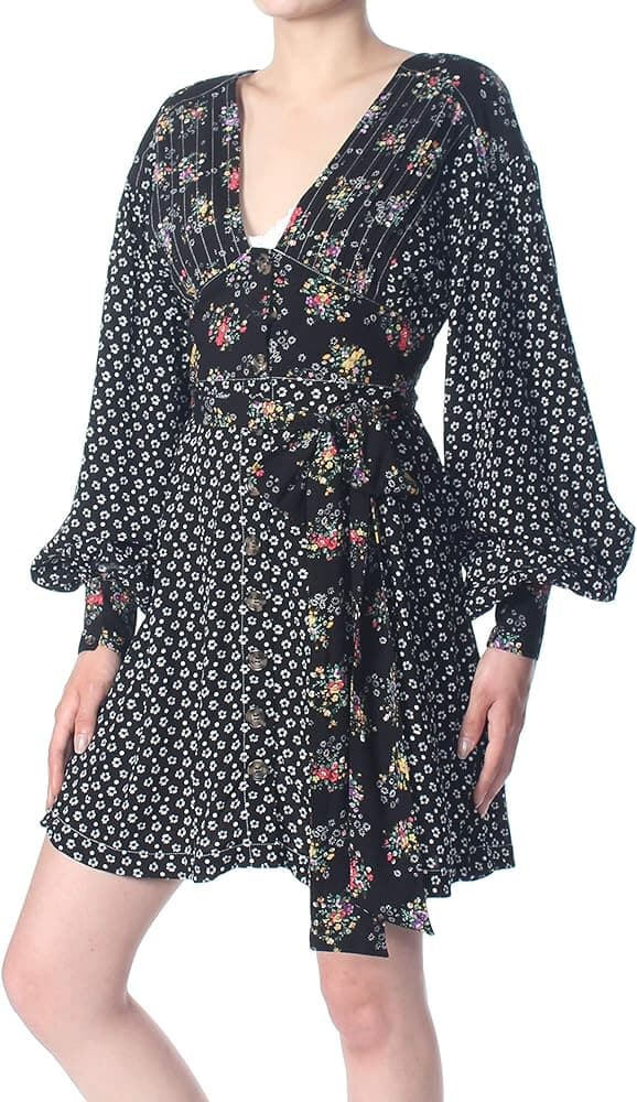 Free People Wonderland Floral A-Line Mini Dress Button Puff Sleeve Black Sz.S - Thumbnail 2