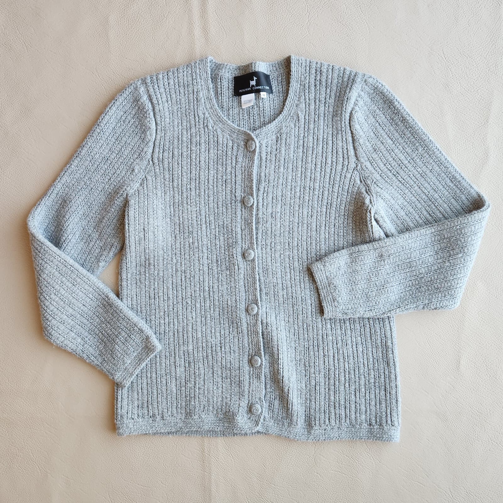 Vintage Peruvian Connection 100% Alpaca Ribbed Knit Cardigan Button Grey Sz.M - Thumbnail 3