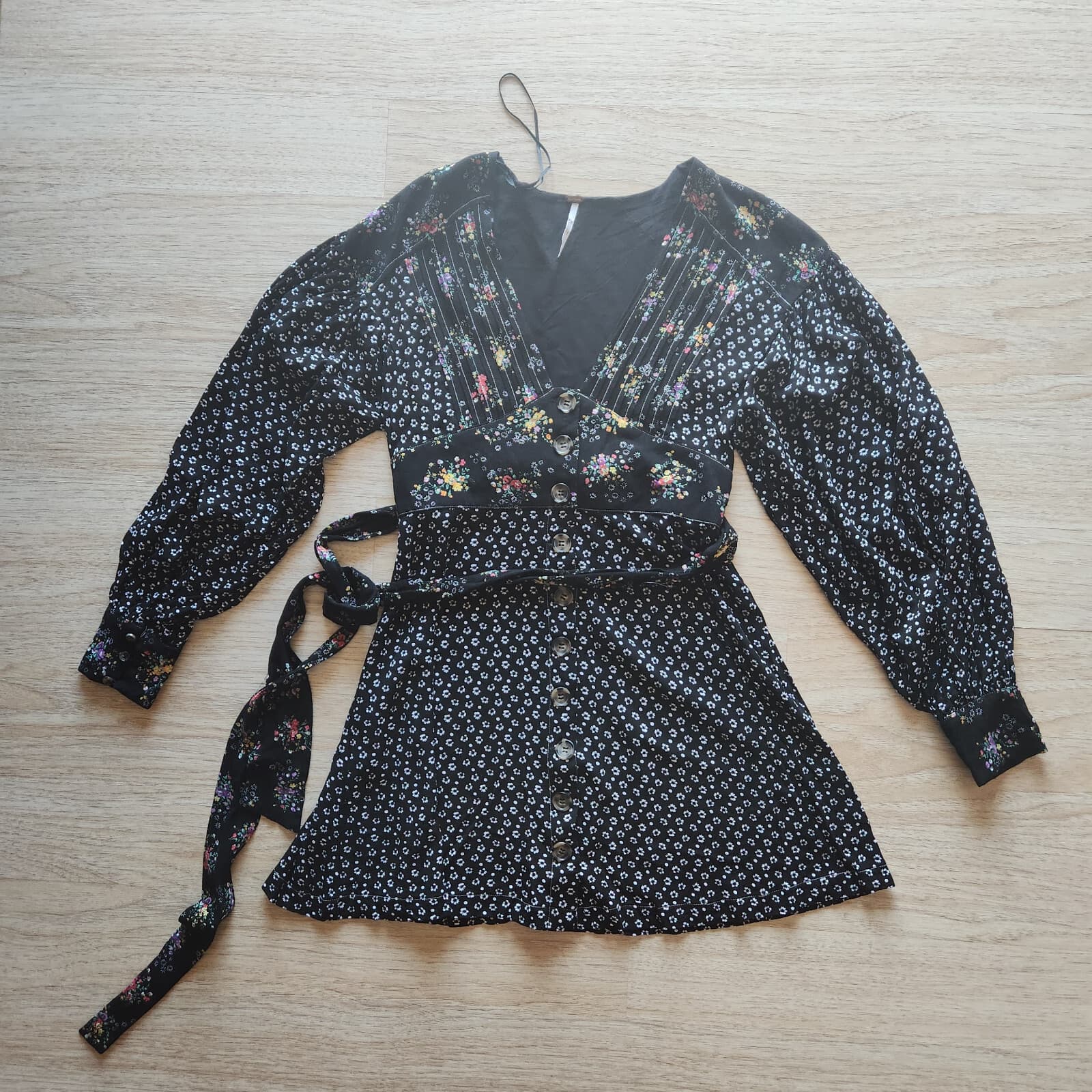 Free People Wonderland Floral A-Line Mini Dress Button Puff Sleeve Black Sz.S - Thumbnail 8