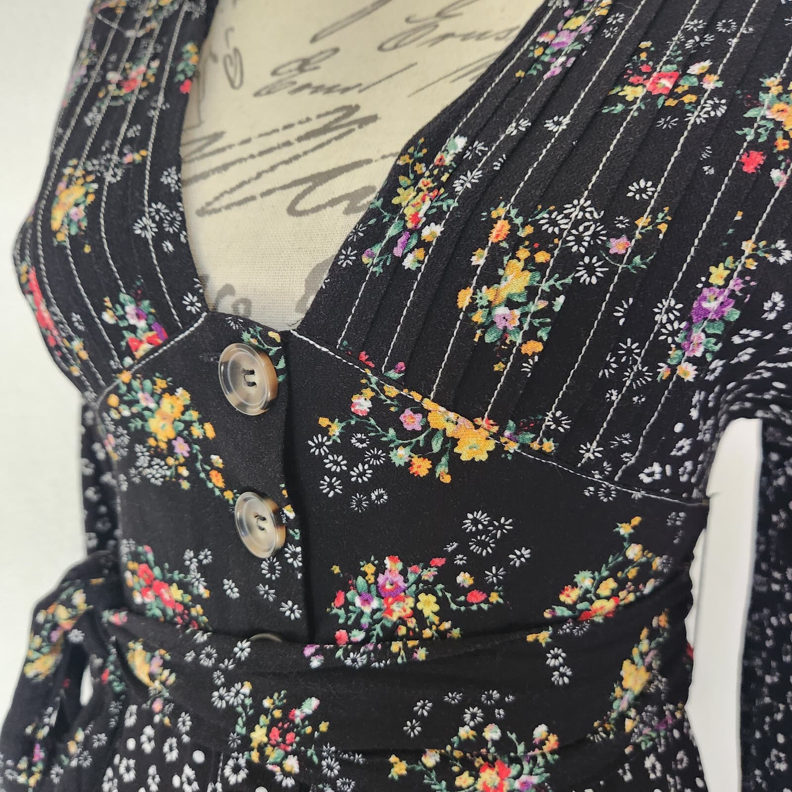 Free People Wonderland Floral A-Line Mini Dress Button Puff Sleeve Black Sz.S - Thumbnail 6
