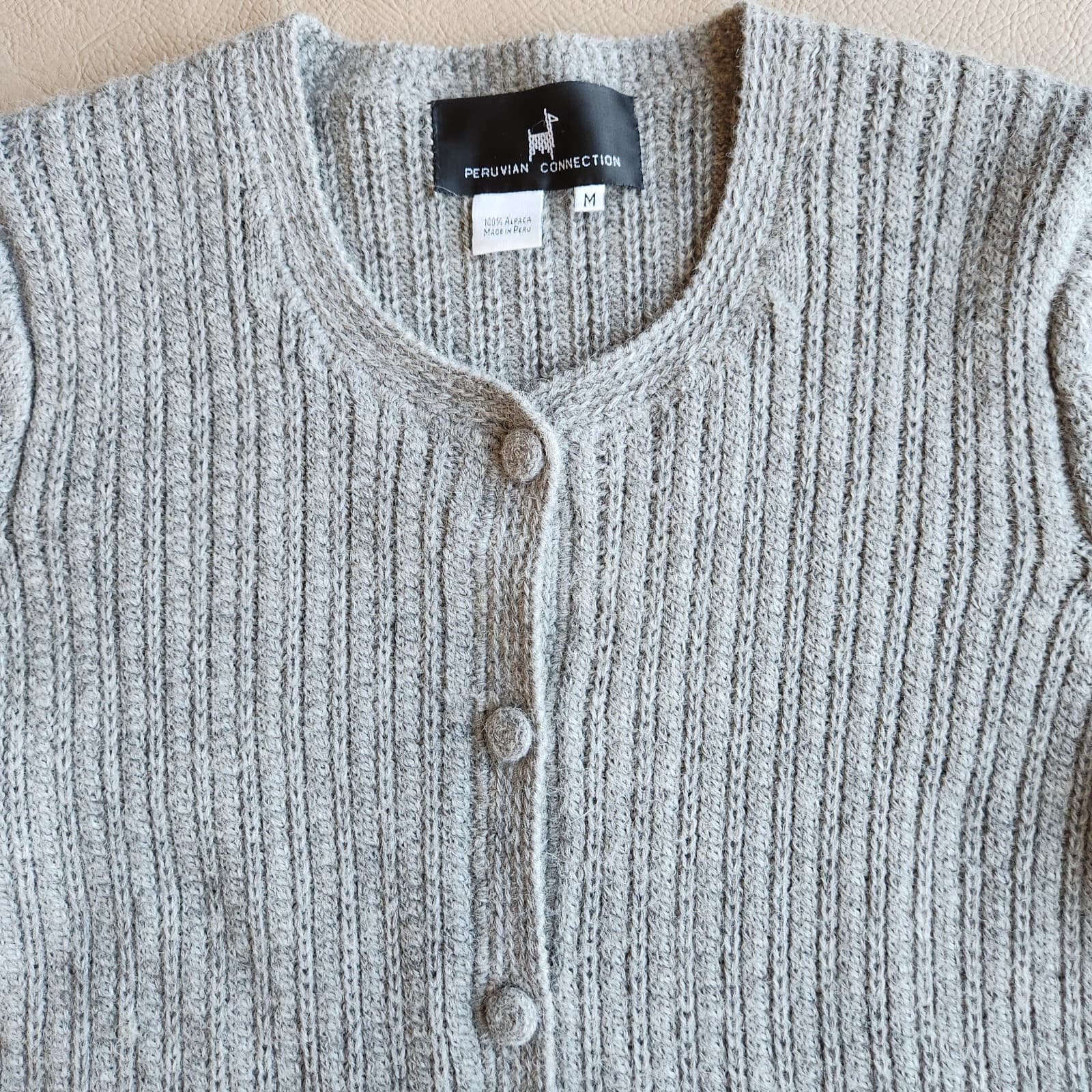 Vintage Peruvian Connection 100% Alpaca Ribbed Knit Cardigan Button Grey Sz.M - Thumbnail 4