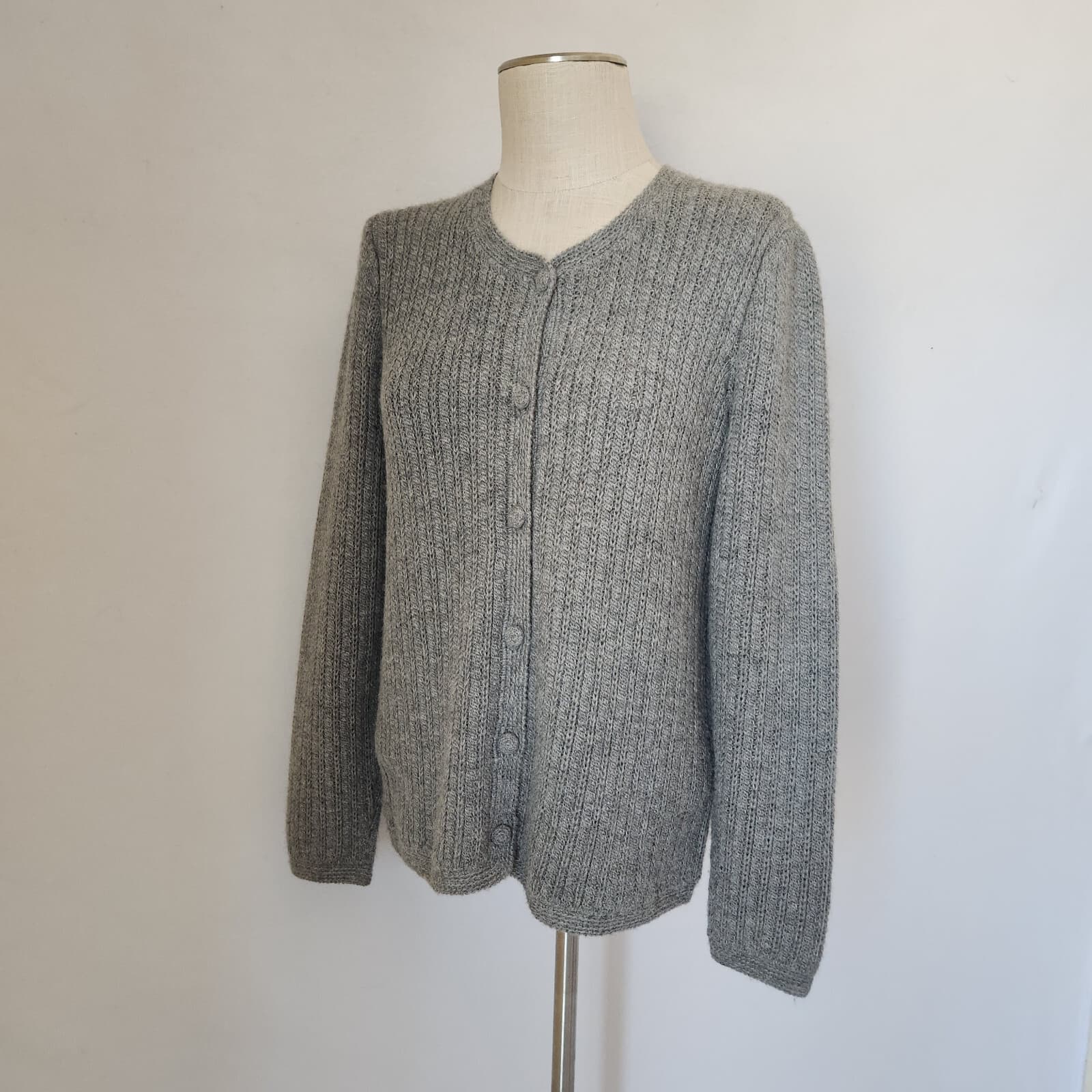 Vintage Peruvian Connection 100% Alpaca Ribbed Knit Cardigan Button Grey Sz.M - Thumbnail 2