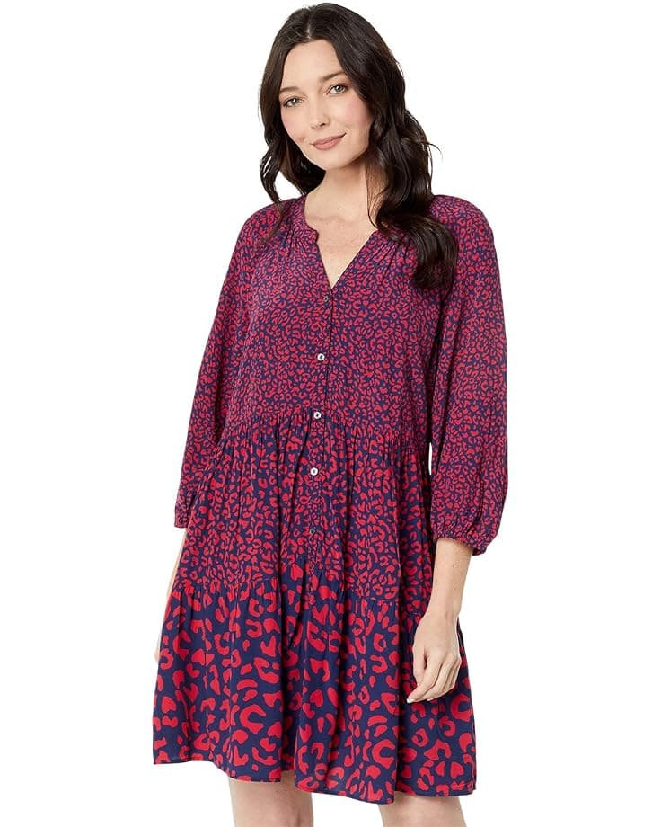 NWoT Vineyard Vines Leopard Tiered Dress Mini Dress Long Sleeve Red Blue Sz.L - Thumbnail 3