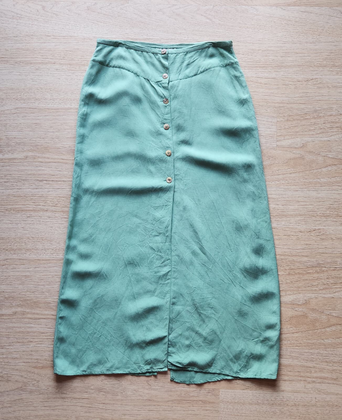 Citron Santa Monica Silk Linen Mother Pearl Button-Front A-Line Skirt Green Sz.S - Thumbnail 2