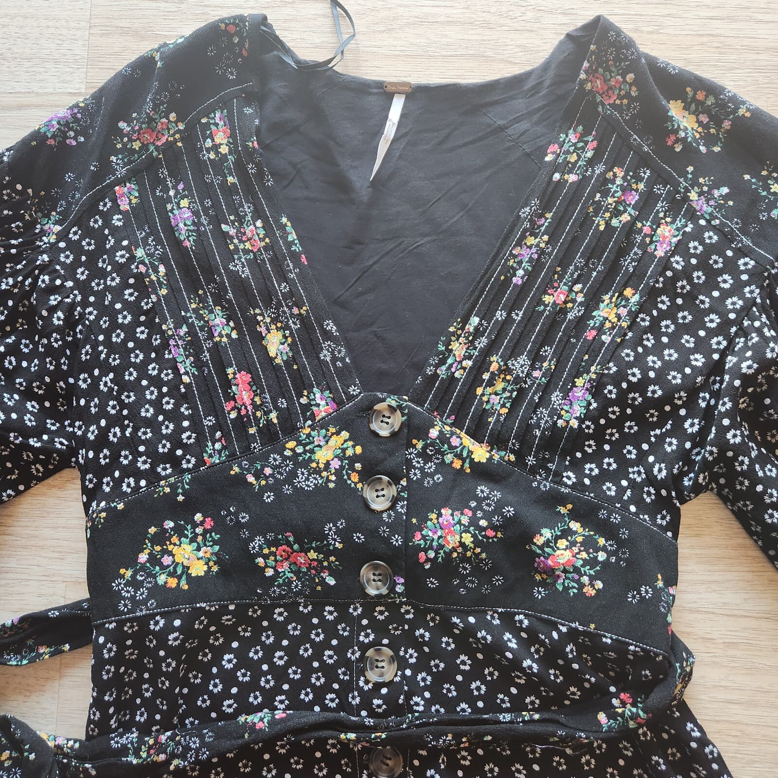 Free People Wonderland Floral A-Line Mini Dress Button Puff Sleeve Black Sz.S - Thumbnail 10