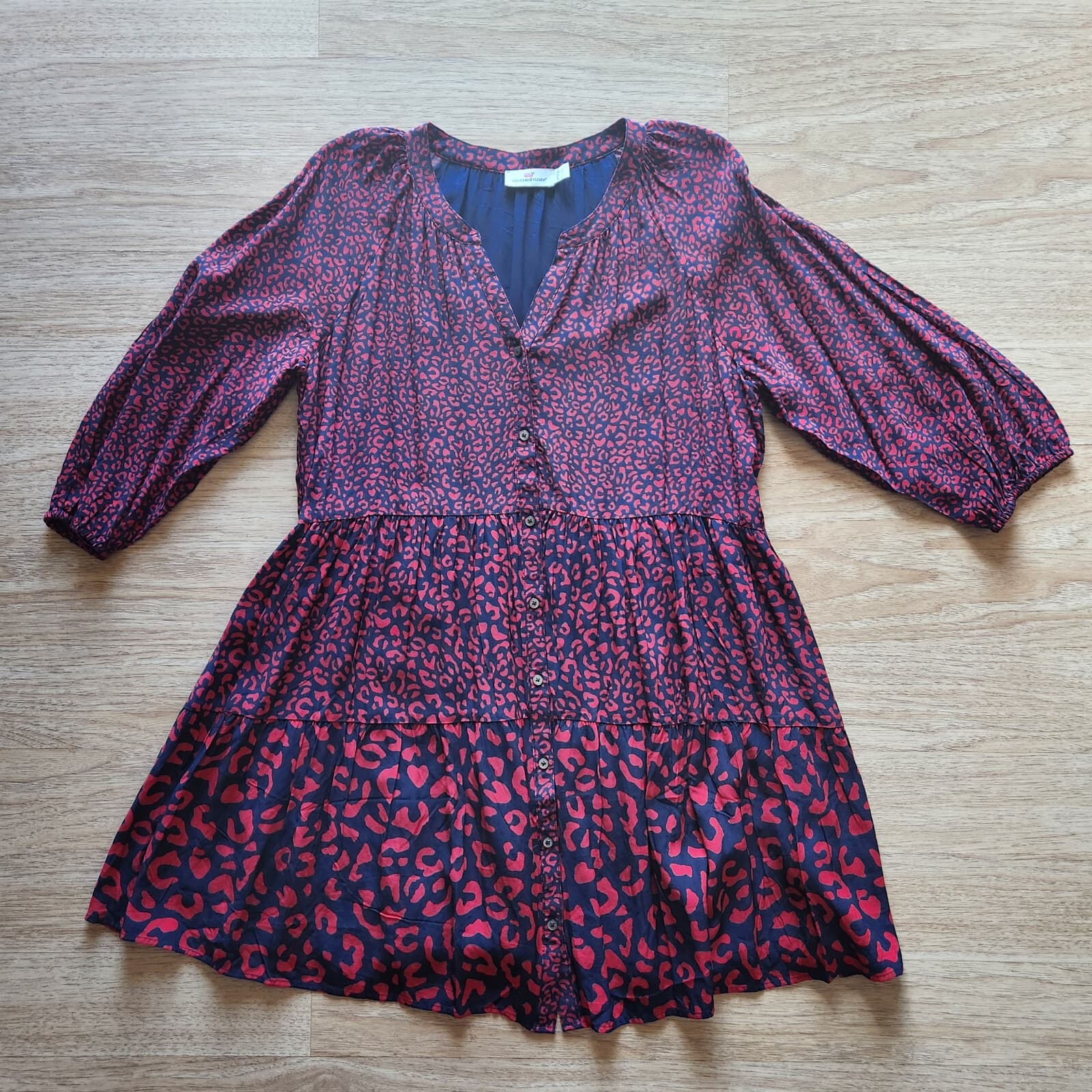 NWoT Vineyard Vines Leopard Tiered Dress Mini Dress Long Sleeve Red Blue Sz.L - Thumbnail 7