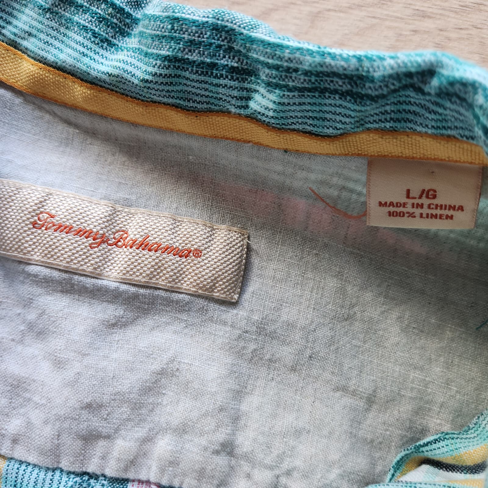 Tommy Bahama 100% Linen Stripe Short Sleeve Shirt Pocket Green Men Sz.L - Thumbnail 4