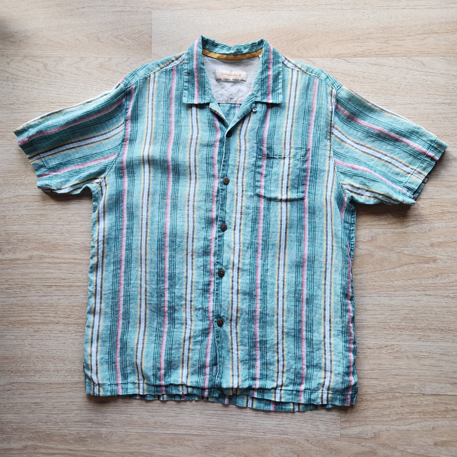 Tommy Bahama 100% Linen Stripe Short Sleeve Shirt Pocket Green Men Sz.L - Thumbnail 2