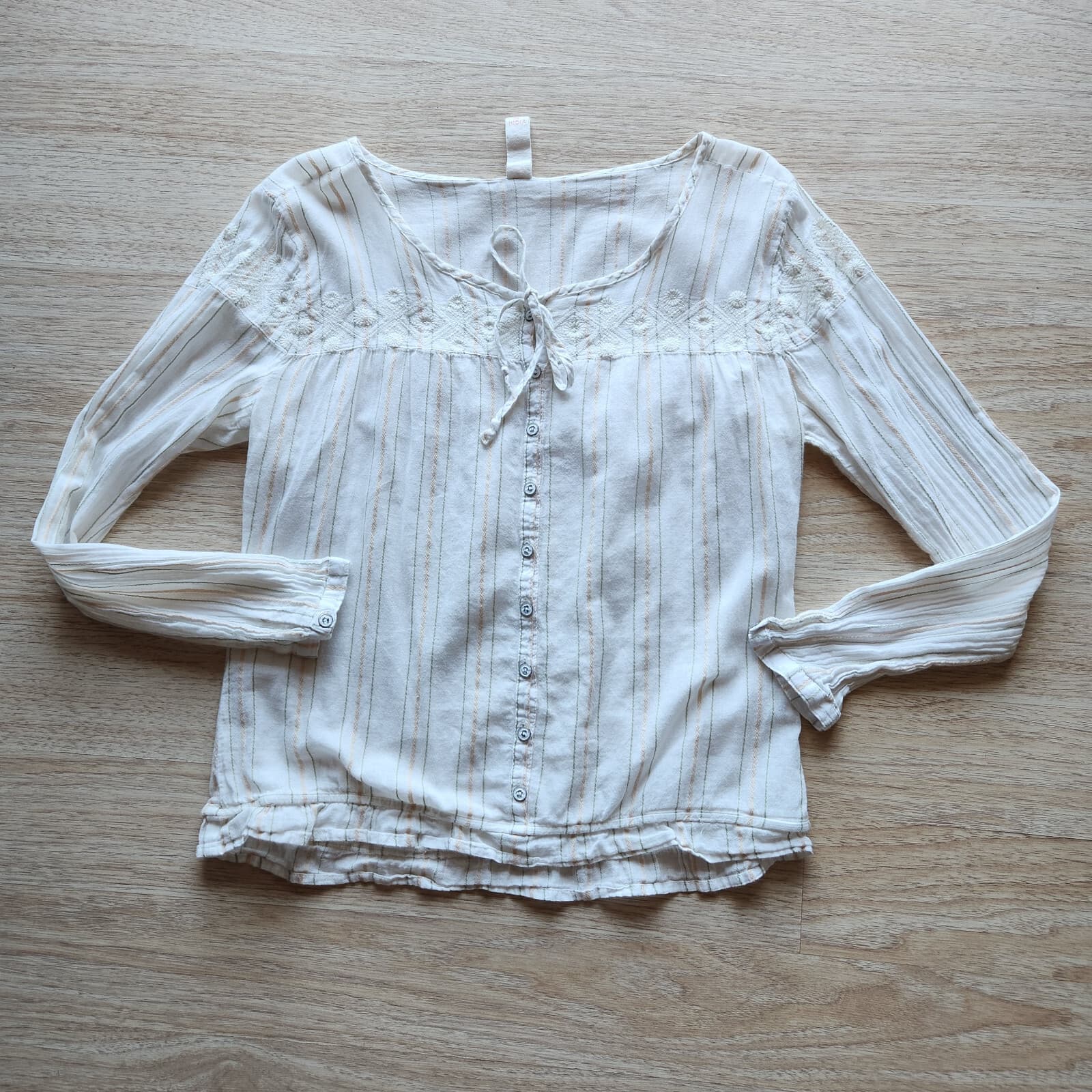 Gramicci Women's L Embroidered Top Button Long Sleeve Cotton White Striped - Thumbnail 6