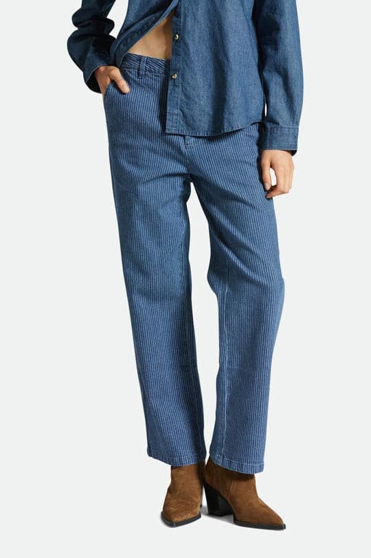 NWT BRIXTON $89 Victory Straight Leg Pants Pin-Stripe Blue White Denim Womens 31 - Thumbnail 3