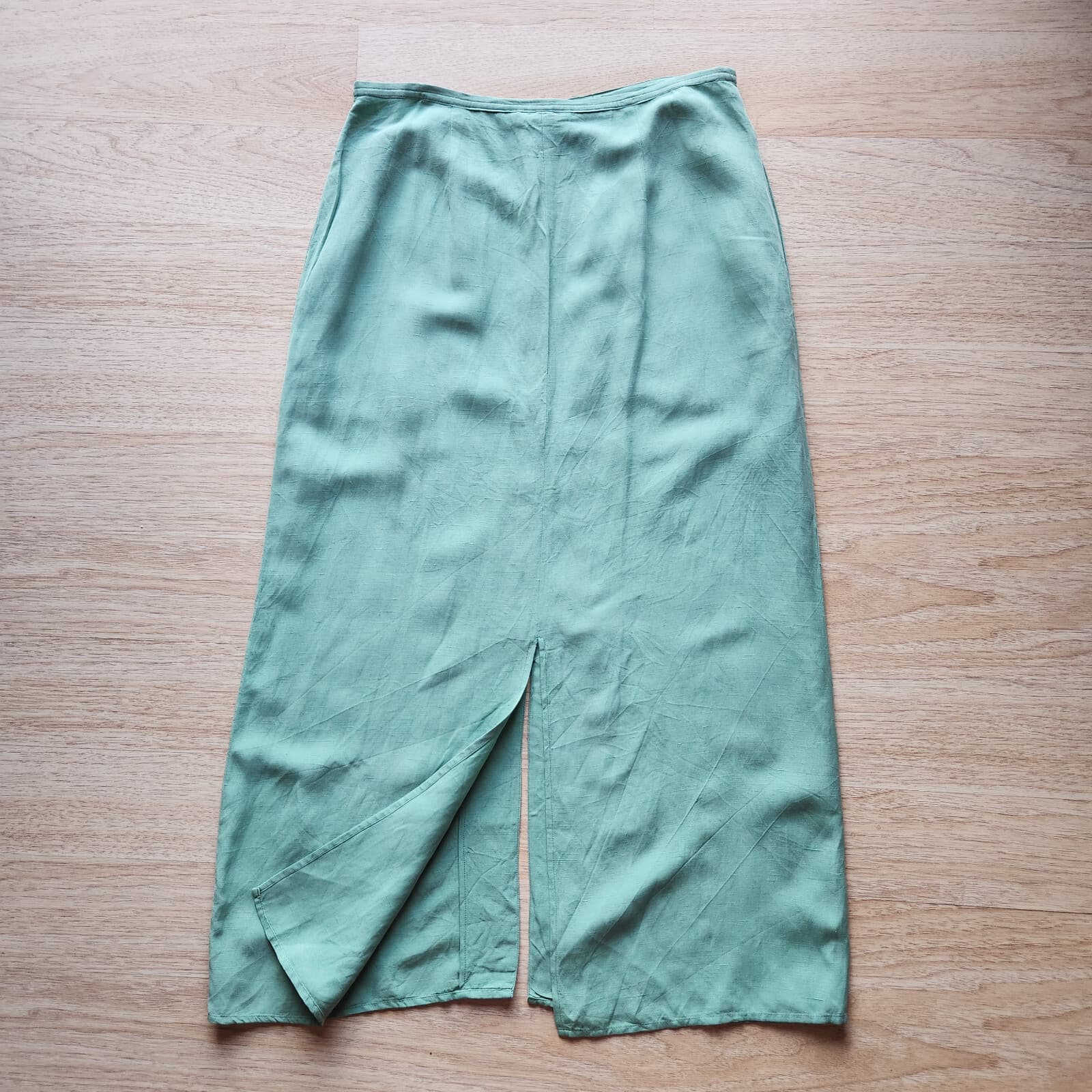 Citron Santa Monica Silk Linen Mother Pearl Button-Front A-Line Skirt Green Sz.S - Thumbnail 4