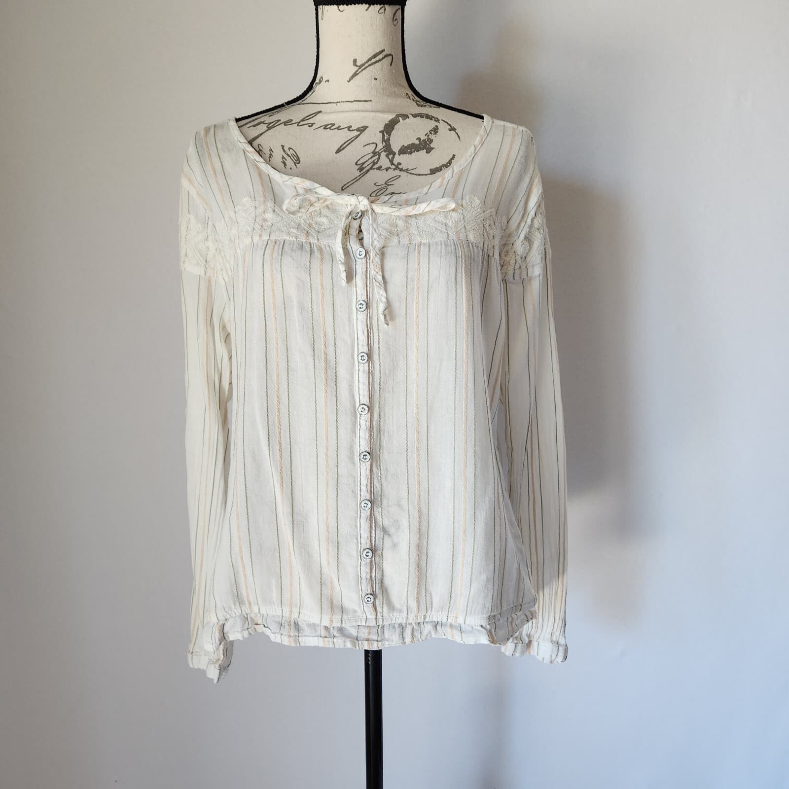 Gramicci Women's L Embroidered Top Button Long Sleeve Cotton White Striped - Thumbnail 4