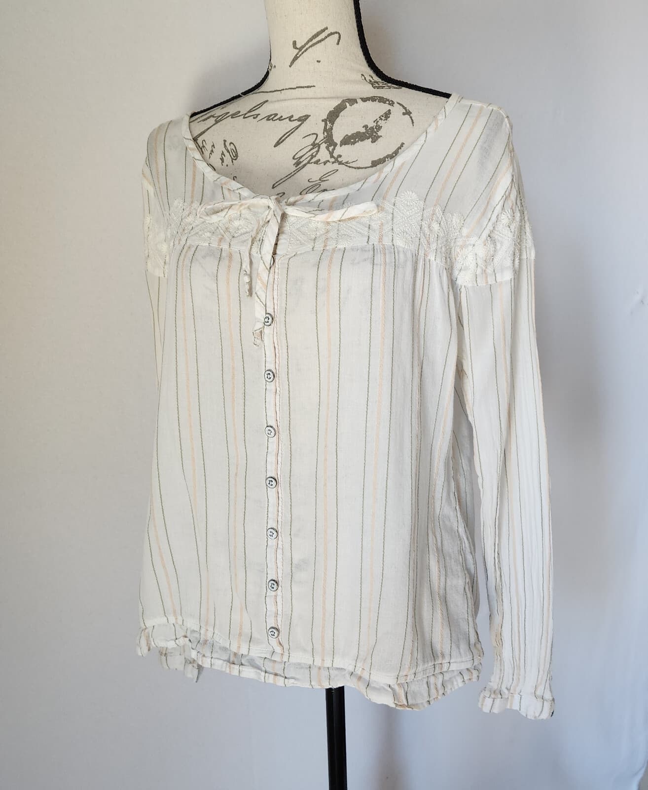 Gramicci Women's L Embroidered Top Button Long Sleeve Cotton White Striped - Thumbnail 2