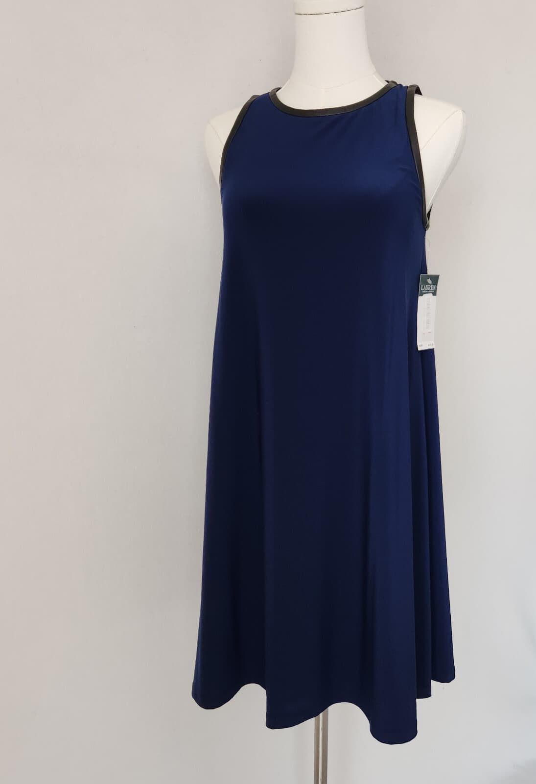 NWT Lauren Ralph Lauren $129 Jersey Swing Sleeveless Dress Leather Trim Navy 4 - Thumbnail 2