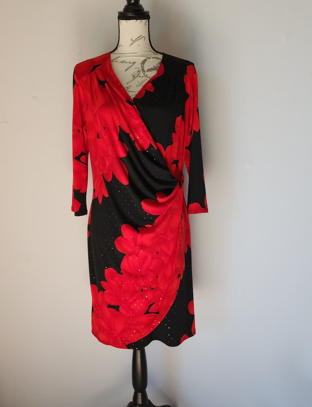 Clara Sun Woo Floral Jersey Surplice Cocktail Party Dress Stretch Red Black Sz.L - Thumbnail 2