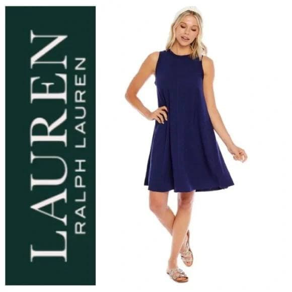 NWT Lauren Ralph Lauren $129 Jersey Swing Sleeveless Dress Leather Trim Navy 4 - Thumbnail 3