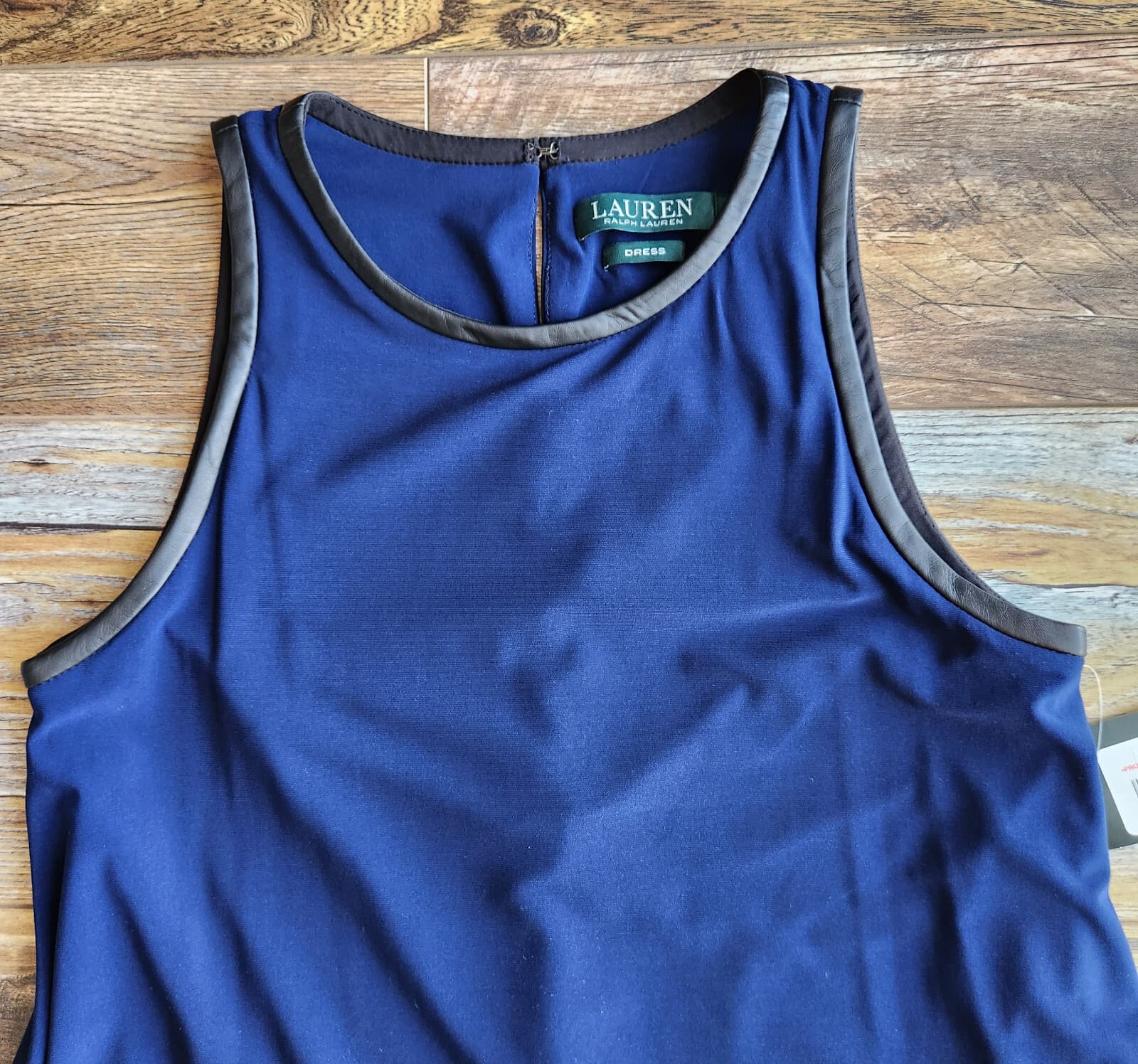 NWT Lauren Ralph Lauren $129 Jersey Swing Sleeveless Dress Leather Trim Navy 4 - Thumbnail 8