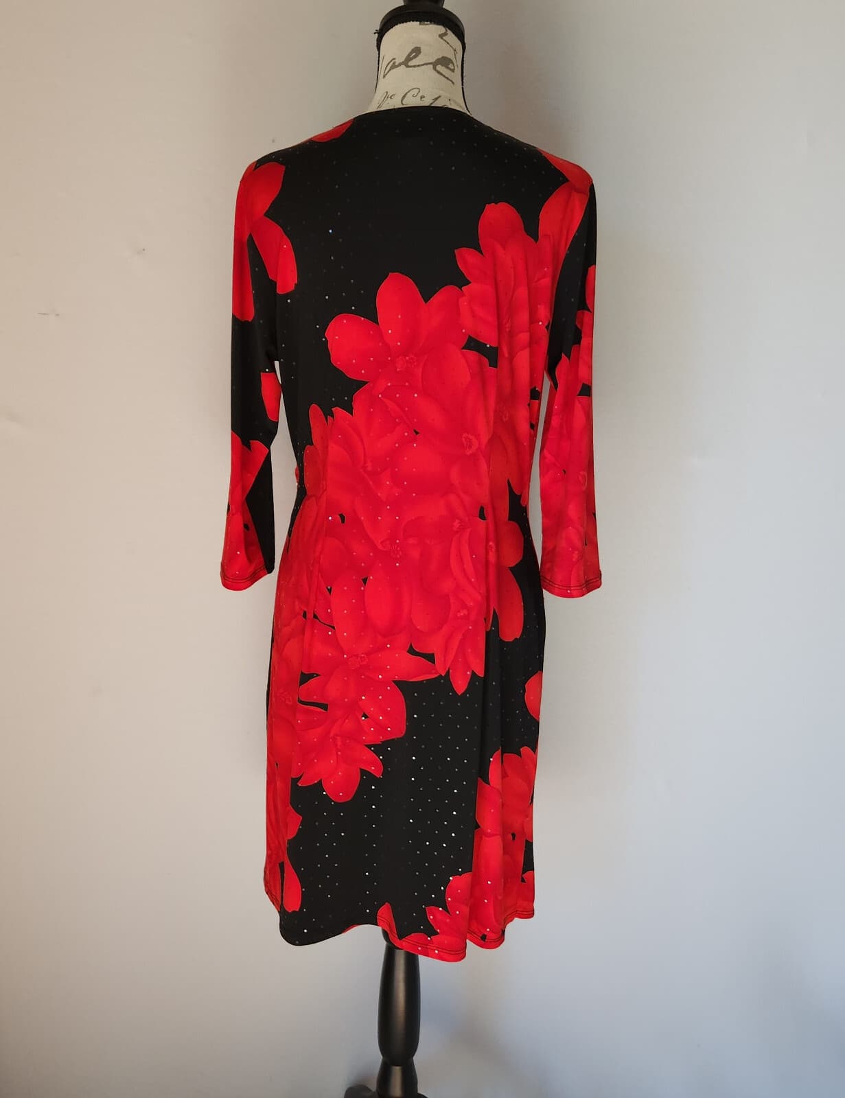 Clara Sun Woo Floral Jersey Surplice Cocktail Party Dress Stretch Red Black Sz.L - Thumbnail 5