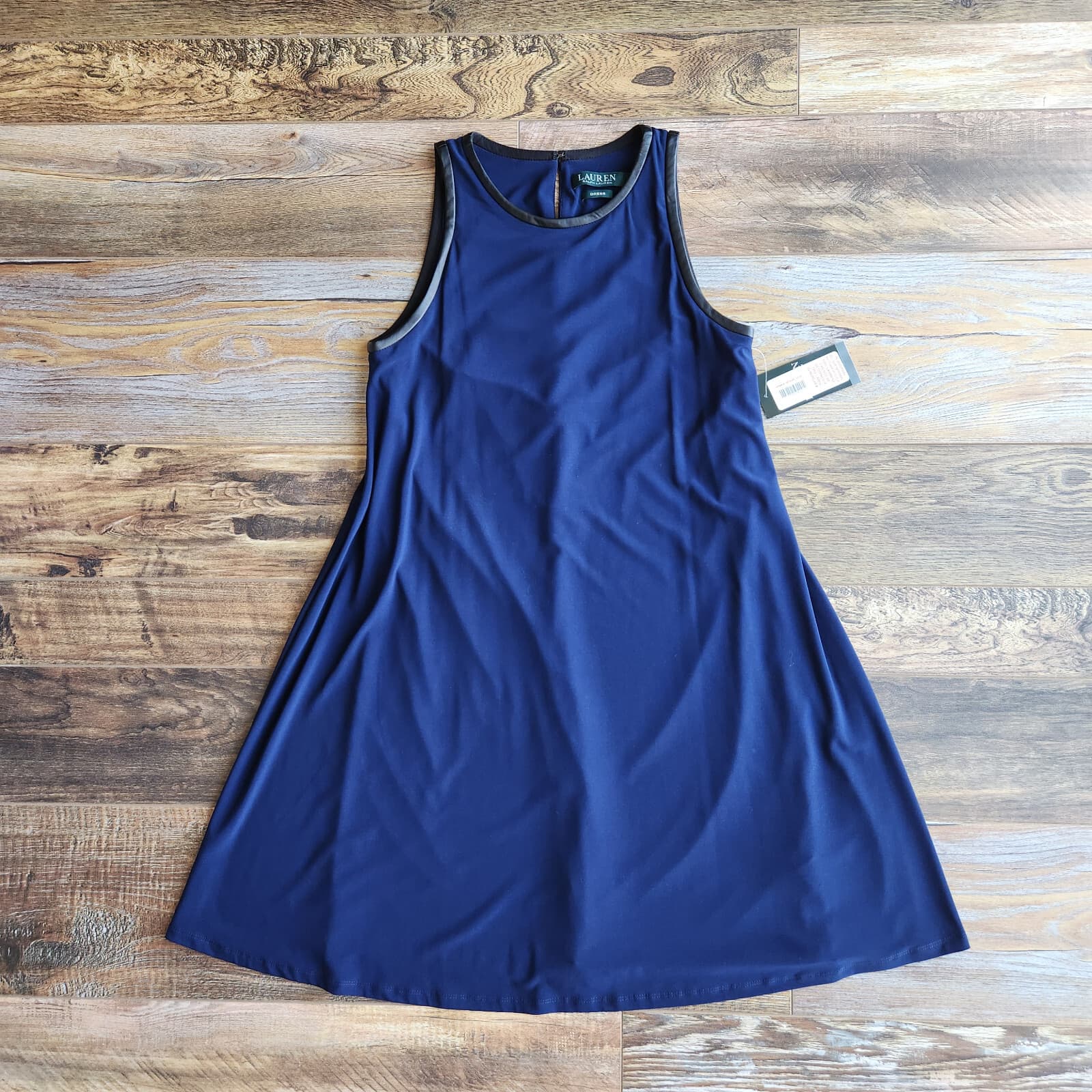 NWT Lauren Ralph Lauren $129 Jersey Swing Sleeveless Dress Leather Trim Navy 4 - Thumbnail 4