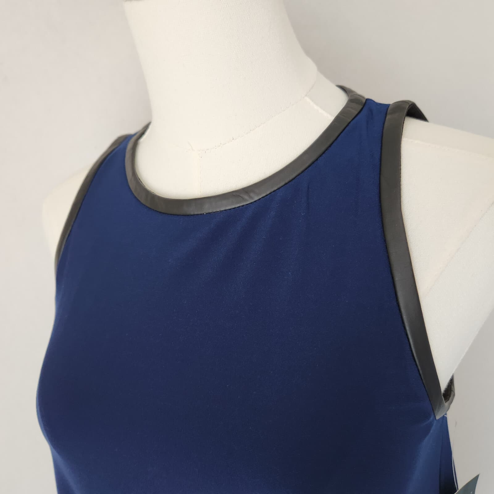 NWT Lauren Ralph Lauren $129 Jersey Swing Sleeveless Dress Leather Trim Navy 4 - Thumbnail 5