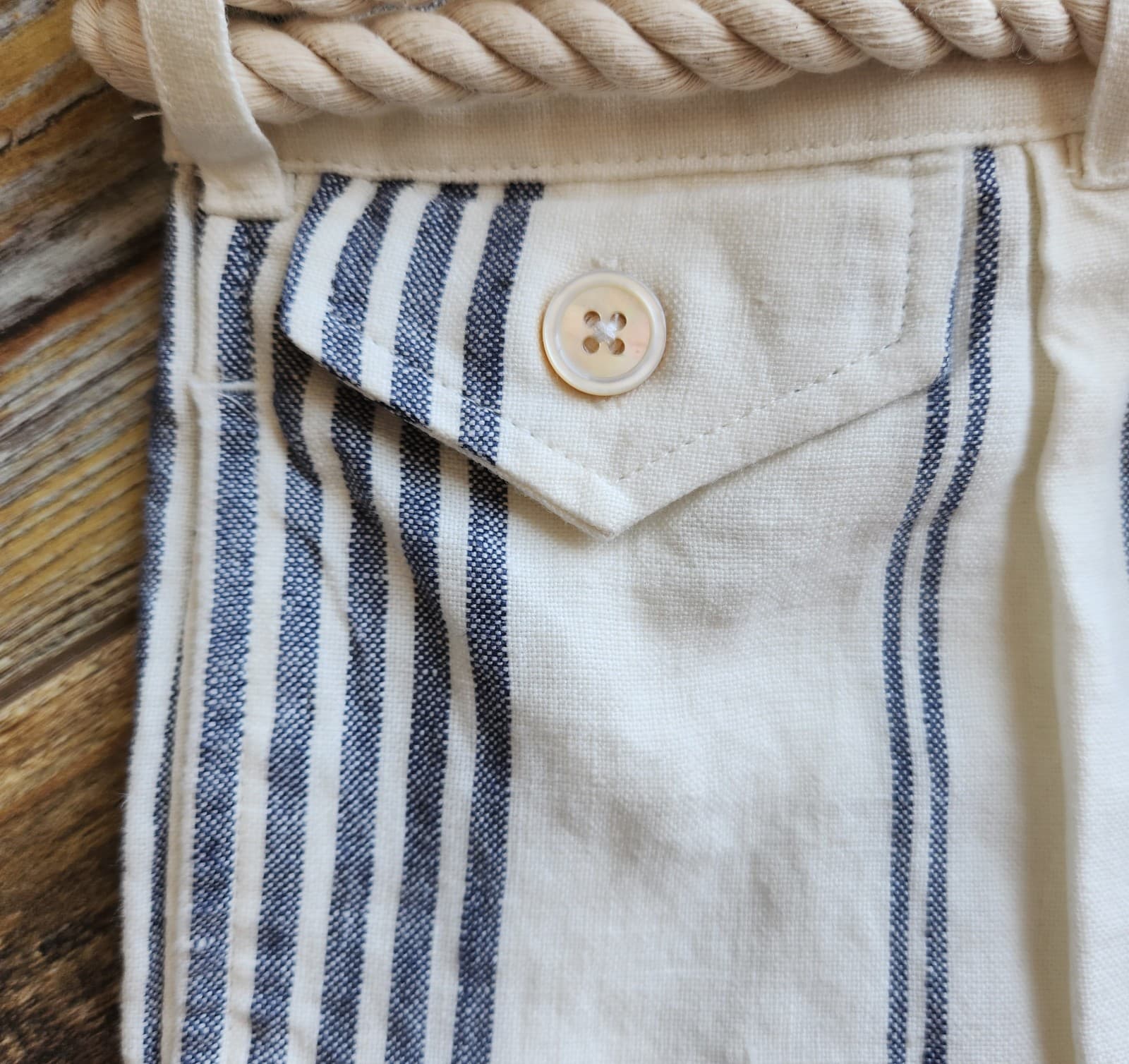 Polo Ralph Lauren Belt Indigo-Dyed Linen Pleated 3" Short Stripe Beige Blue Sz.8 - Thumbnail 8