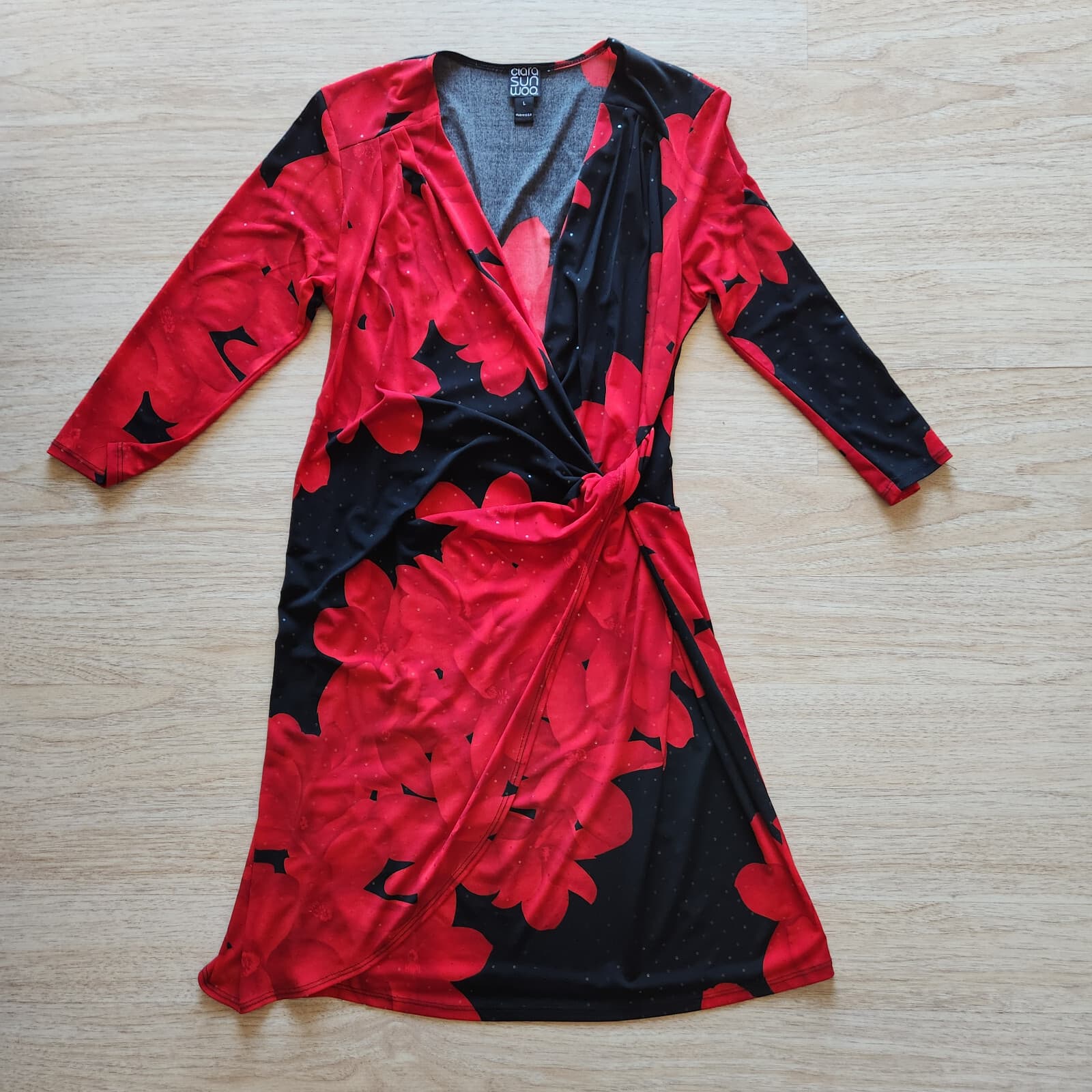 Clara Sun Woo Floral Jersey Surplice Cocktail Party Dress Stretch Red Black Sz.L - Thumbnail 6
