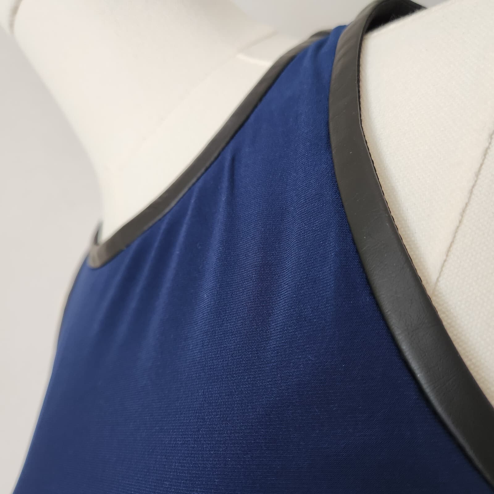 NWT Lauren Ralph Lauren $129 Jersey Swing Sleeveless Dress Leather Trim Navy 4 - Thumbnail 6
