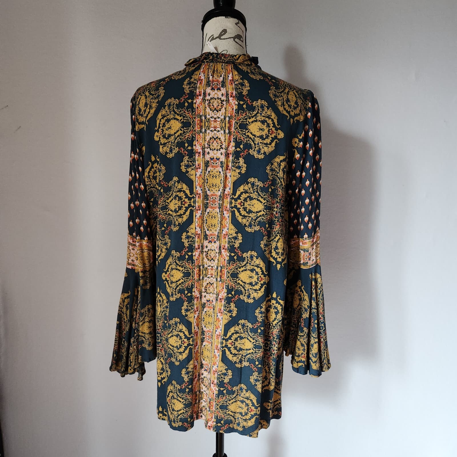 Free People Magic Mystery Ikat Paisley Tunic Top Bell Sleeve Rayon Multicolor M - Thumbnail 8