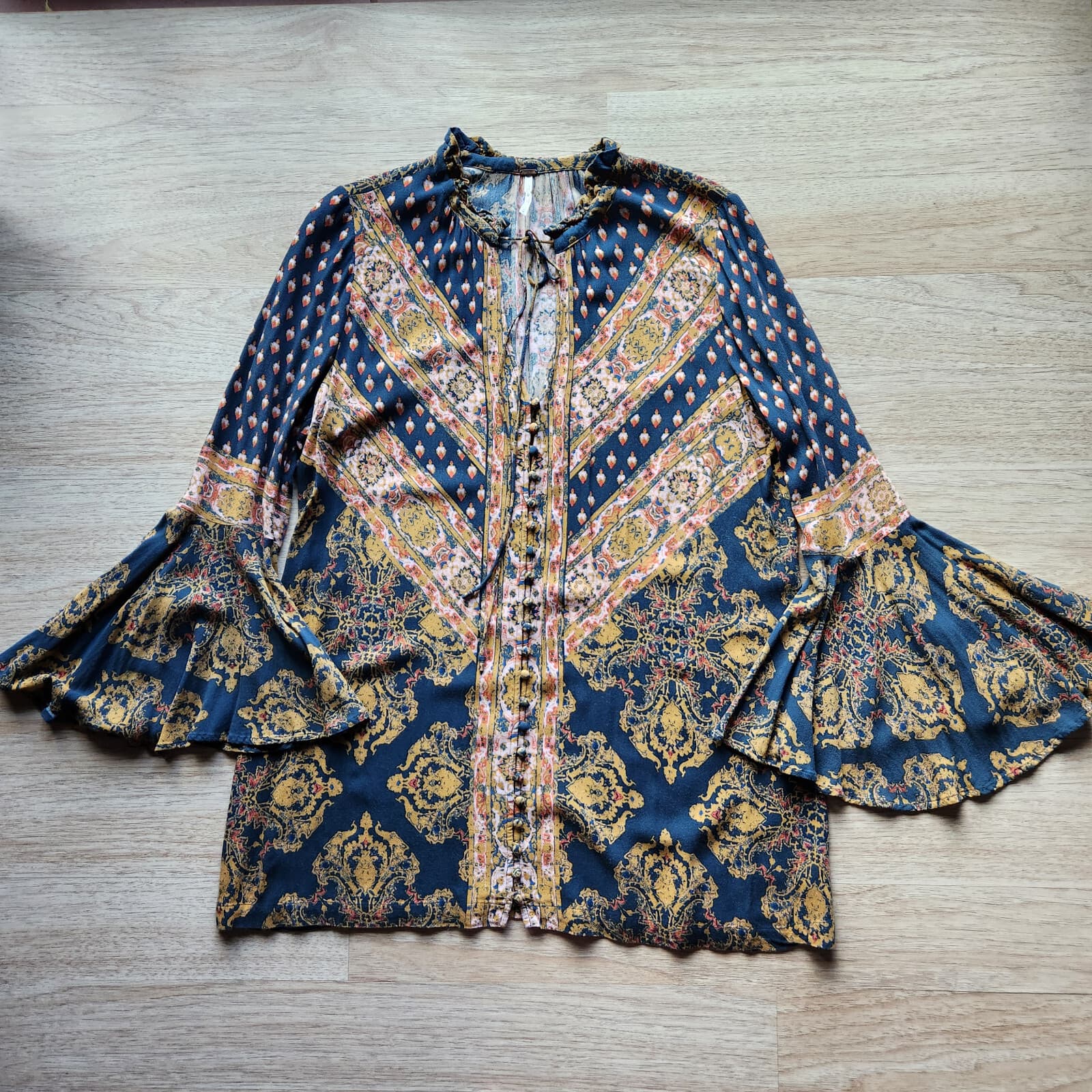 Free People Magic Mystery Ikat Paisley Tunic Top Bell Sleeve Rayon Multicolor M - Thumbnail 10