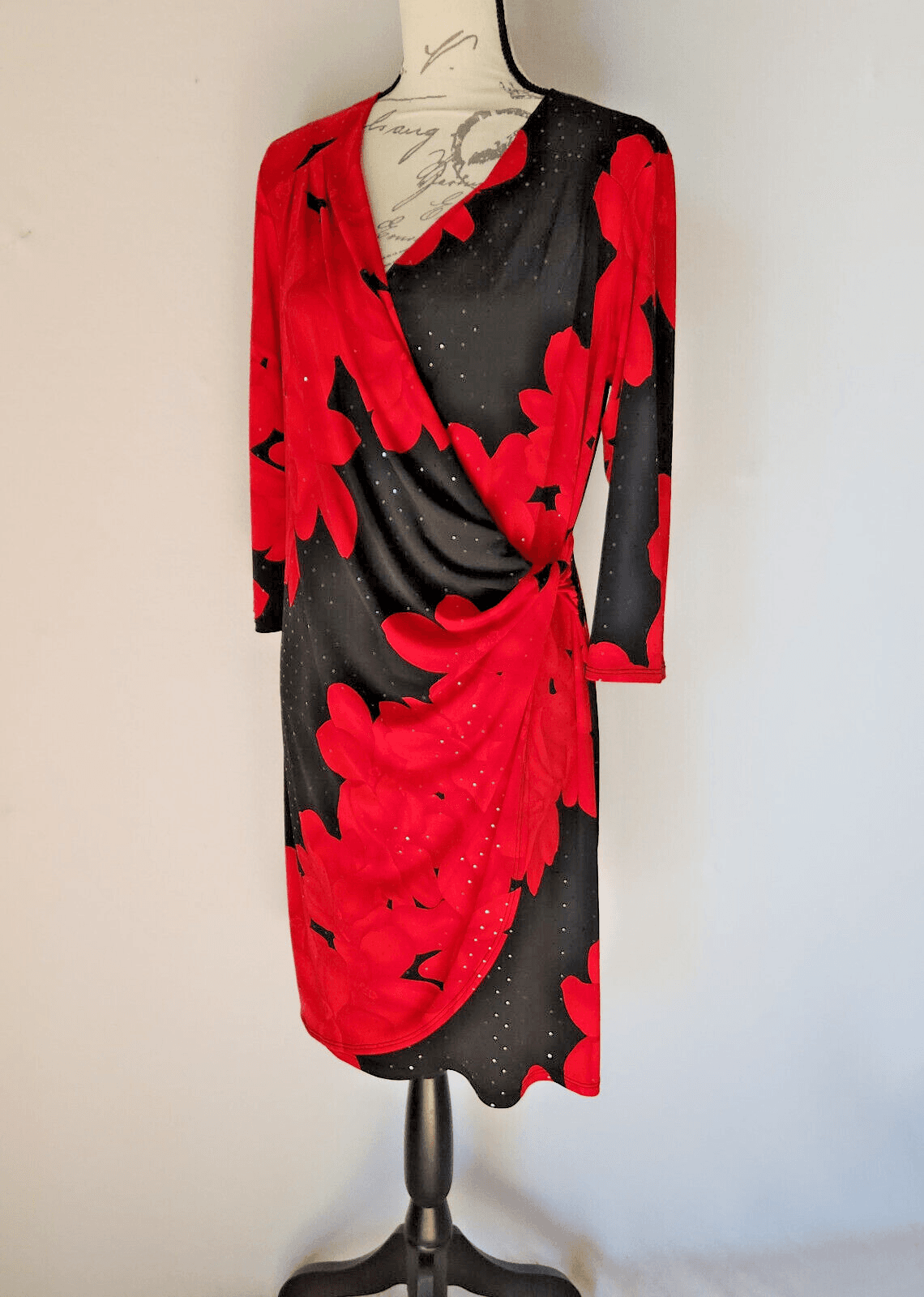 Clara Sun Woo Floral Jersey Surplice Cocktail Party Dress Stretch Red Black Sz.L