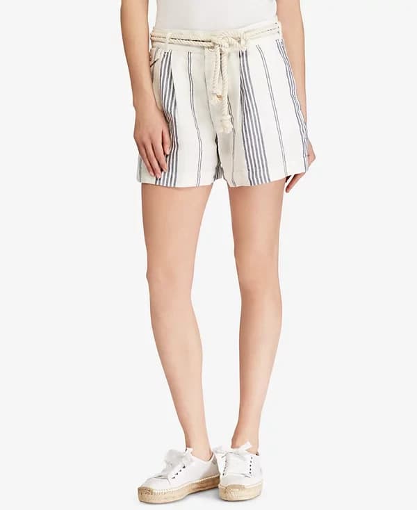 Polo Ralph Lauren Belt Indigo-Dyed Linen Pleated 3" Short Stripe Beige Blue Sz.8 - Thumbnail 3